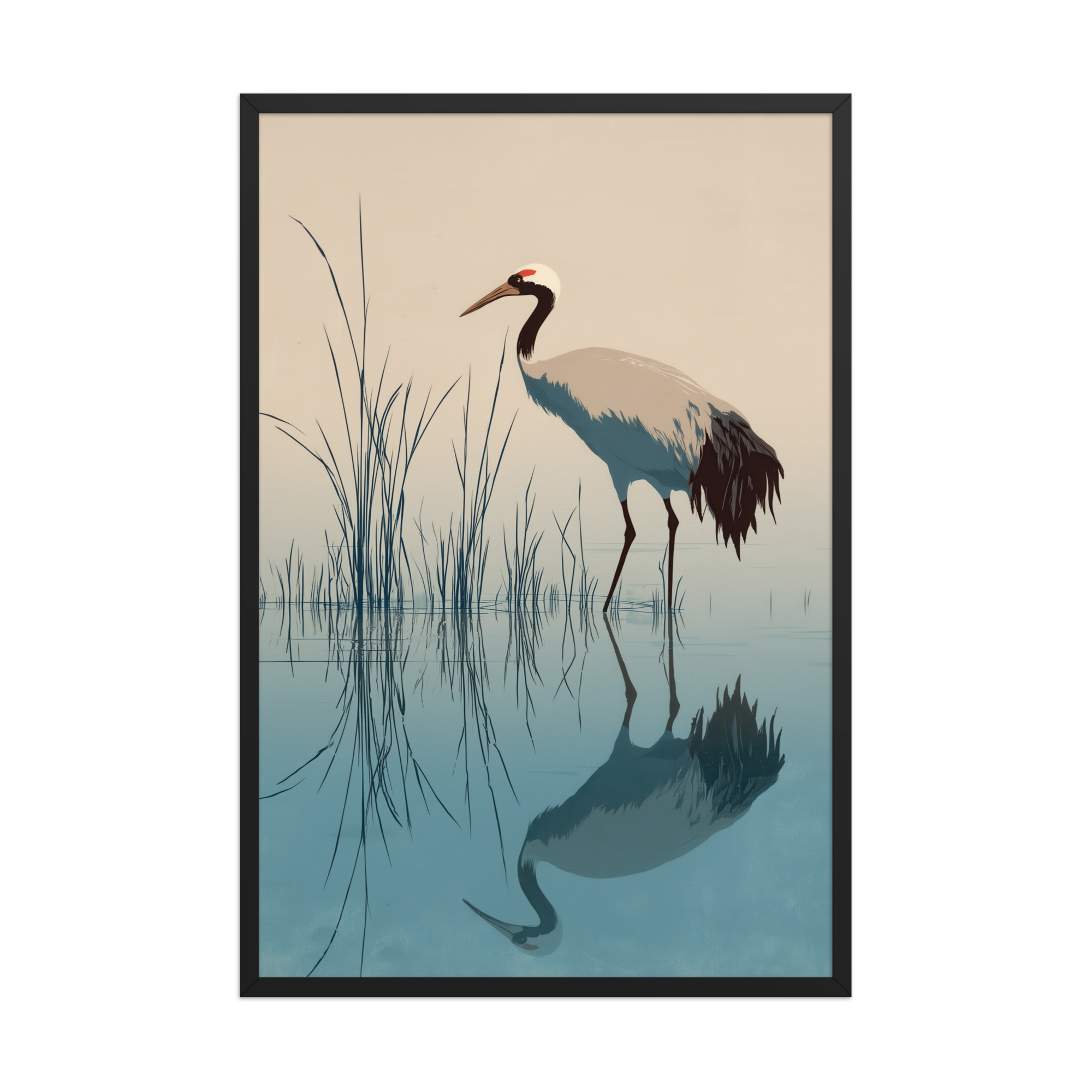 Crane and Reflection Stillness – Minimal Ukiyo-e Bird Wall Art – Framed Poster - Image 8