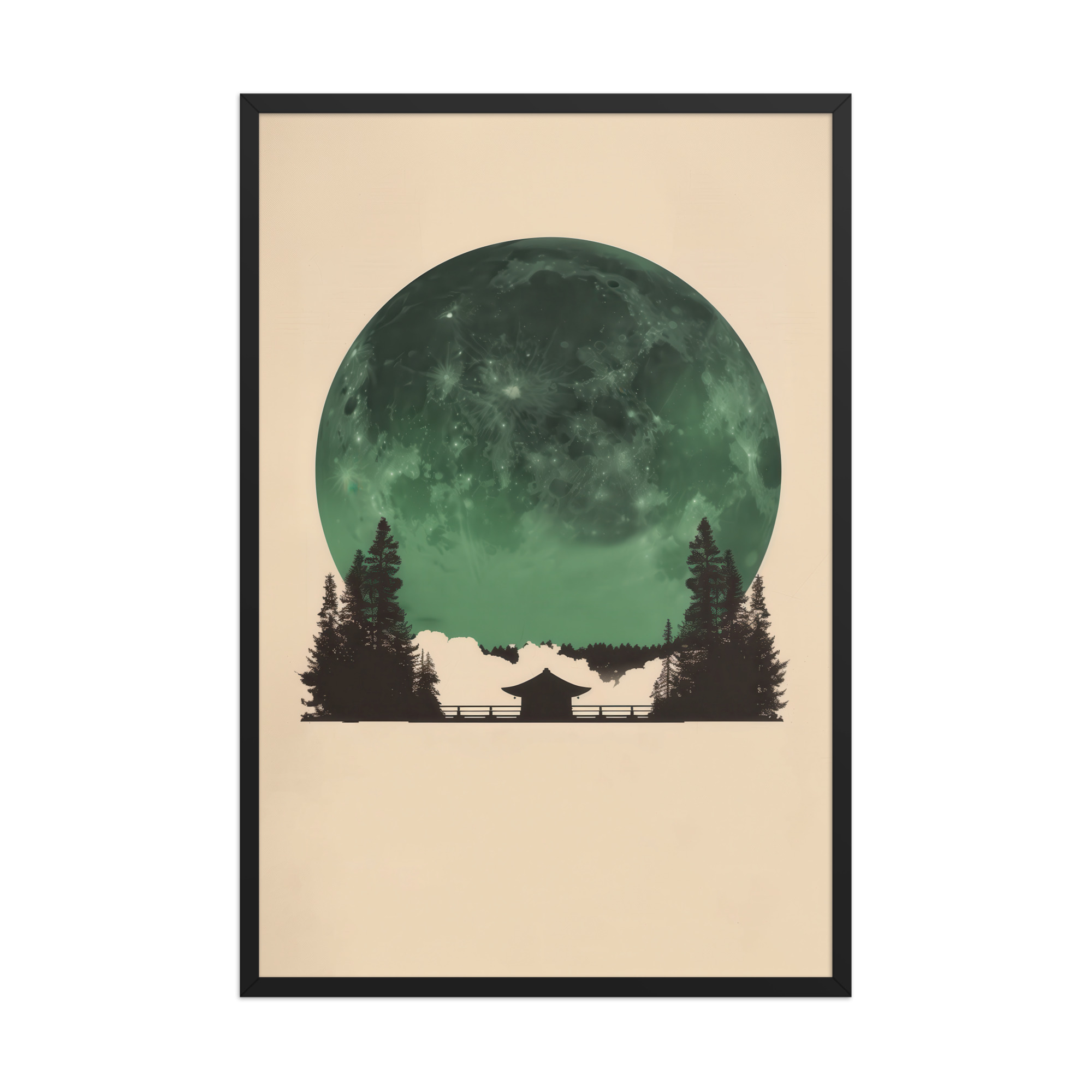 Emerald Moon Temple — Japandi Silhouette Wall Art — Framed Poster - Image 8