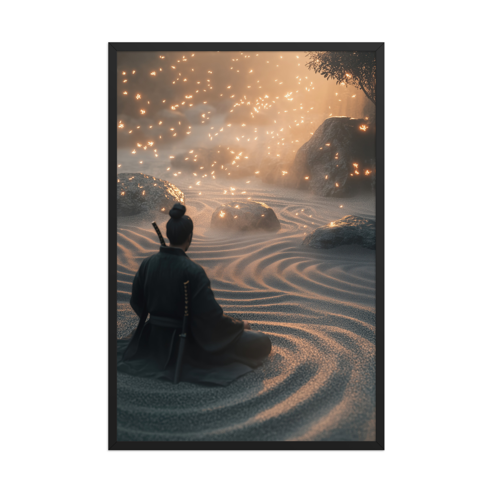 Zen Samurai – Fireflies in Zen Garden Japandi Samurai Wall Art – Framed Poster - Image 6