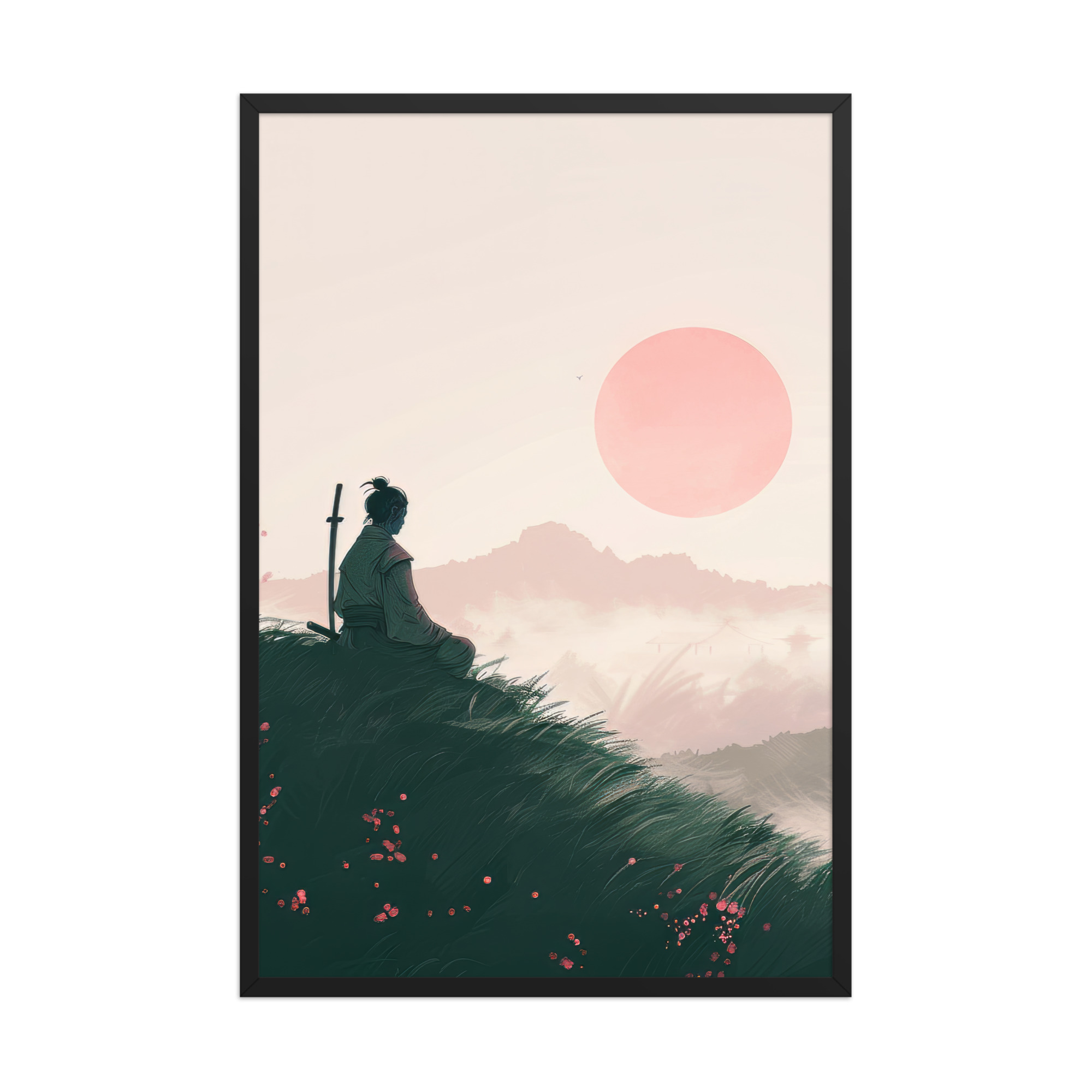 Samurai at Dawn – Pink Sun Over Hills Quiet Strength at Daybreak Wall Decor – Framed Poster - Image 7