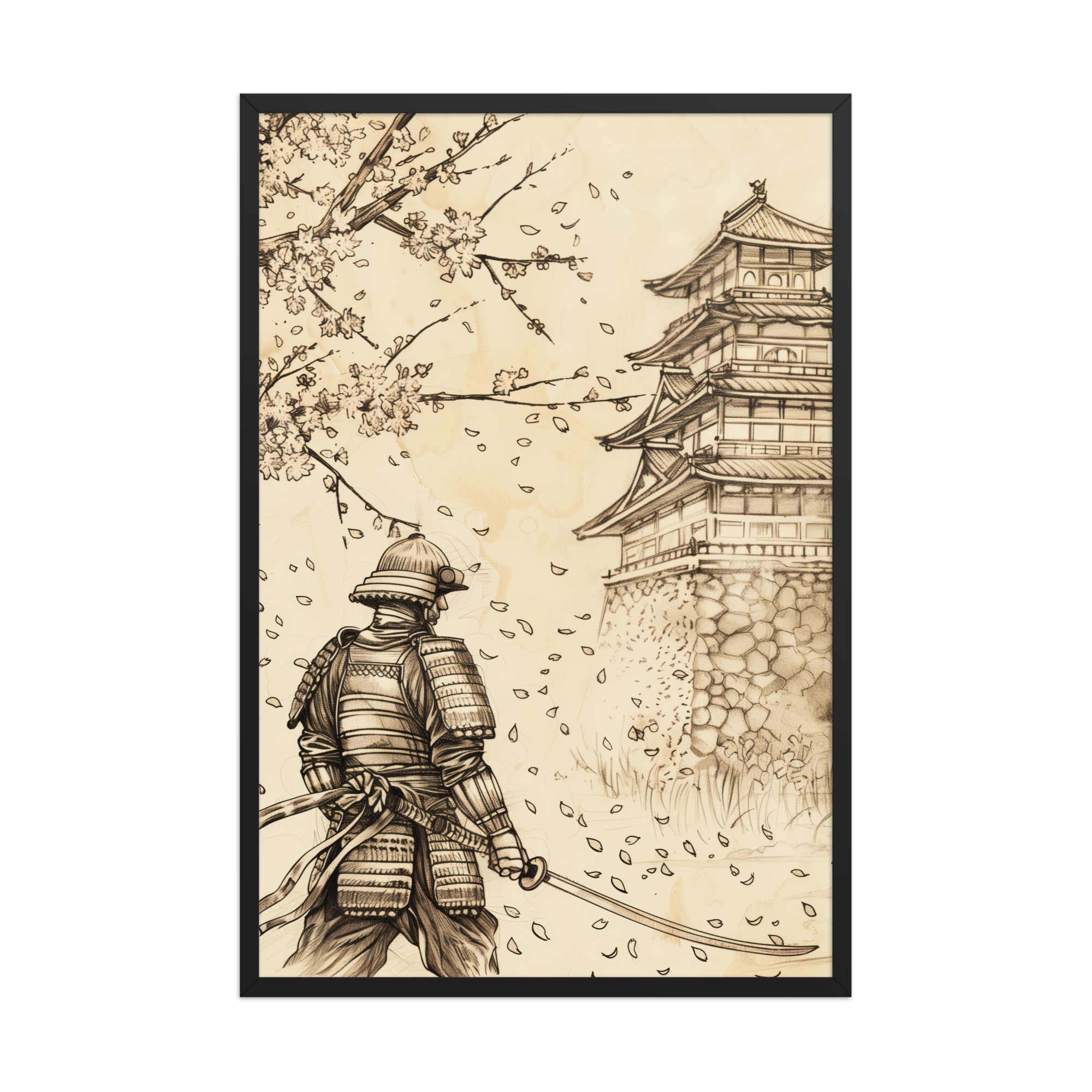 Samurai Under Cherry Blossoms – Castle Breeze and Falling Petals Wall Art – Framed Poster - Image 3