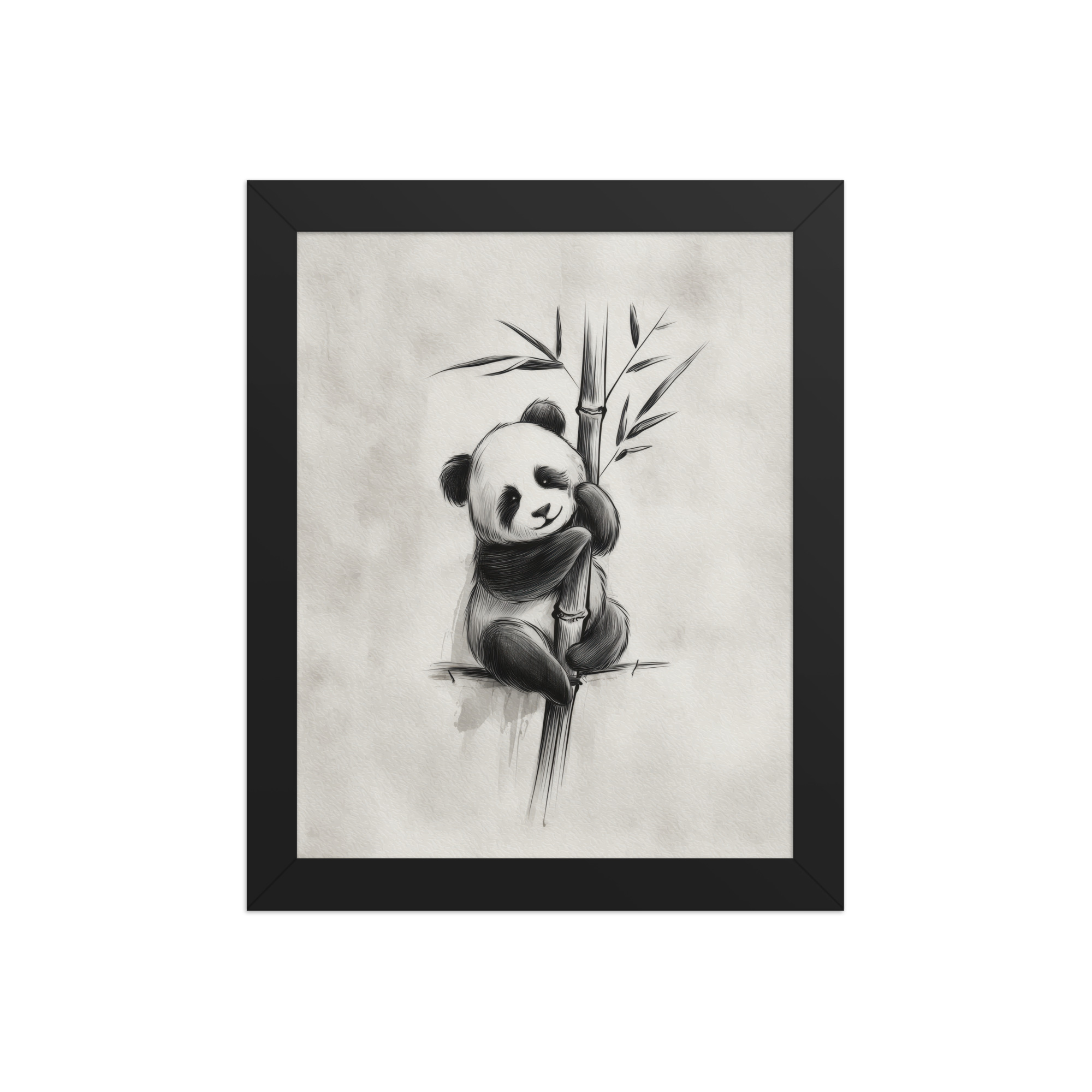 Gentle Hug on Bamboo — Panda Ink Illustration in Black & White Wall Decor — Framed Poster - Image 2