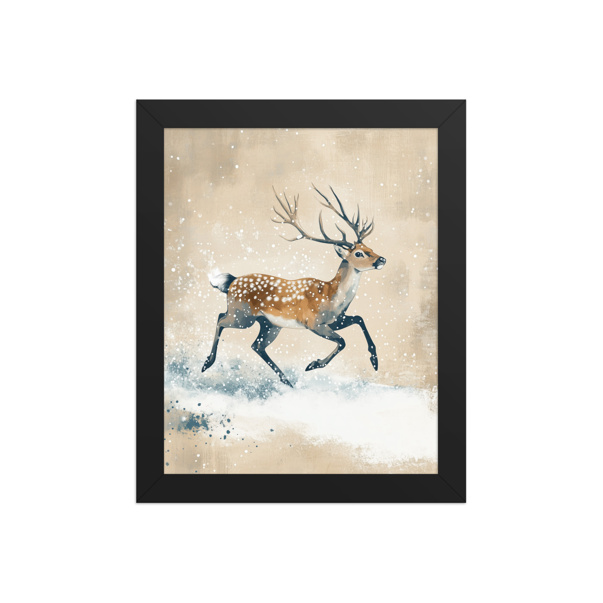 Running Deer in Winter Snow — Modern Wildlife Wall Art — Framed Poster - Image 2
