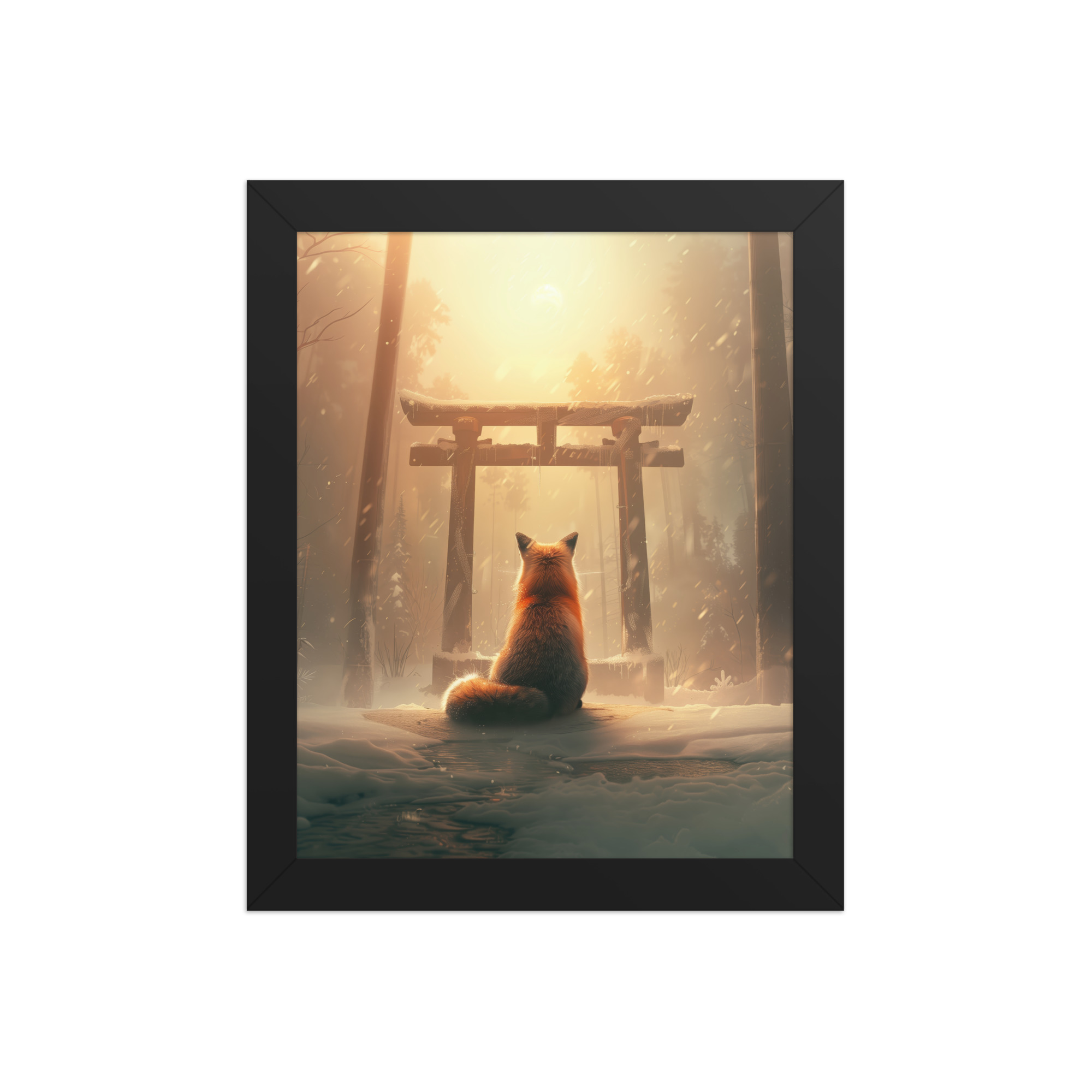 Fox Spirit at Torii — Cinematic Fox in Snowy Shrine Light Wall Decor — Framed Poster - Image 2