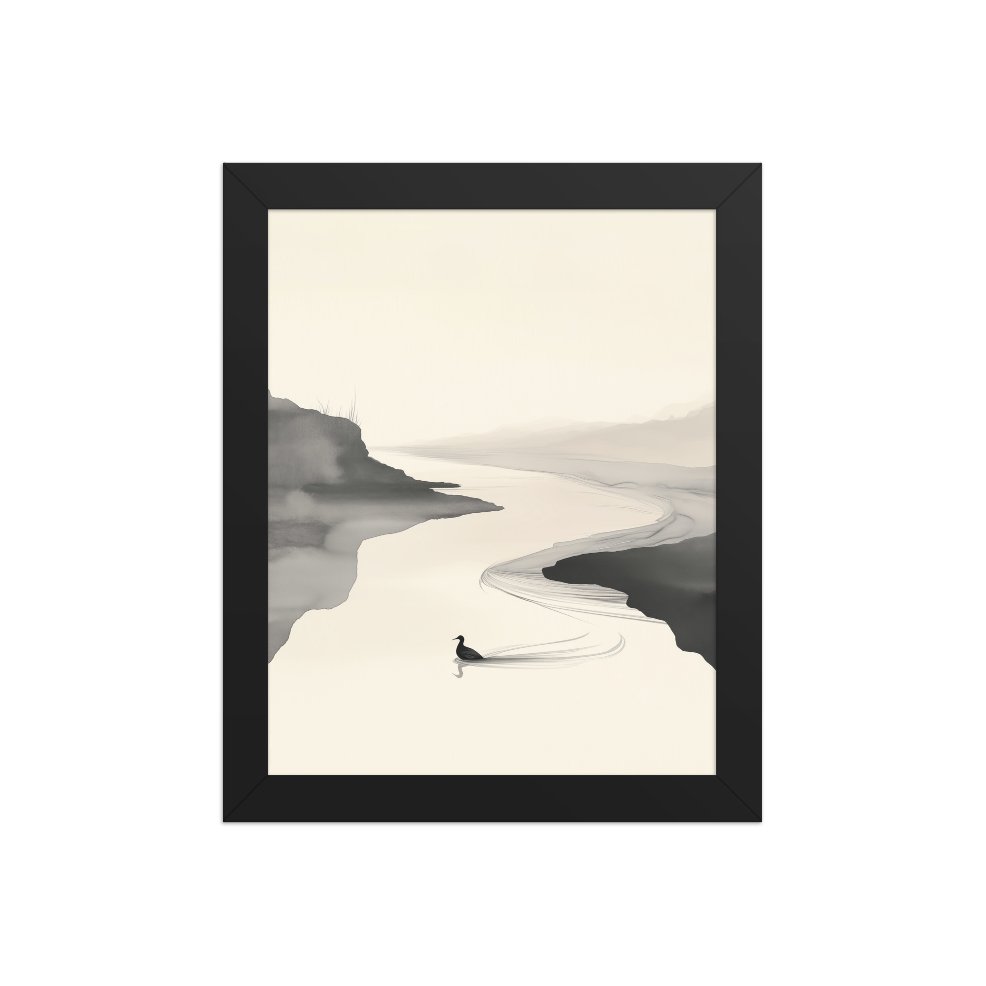 Tranquil River Flow — Minimal Ink Landscape Wall Decor — Framed Poster - Image 2