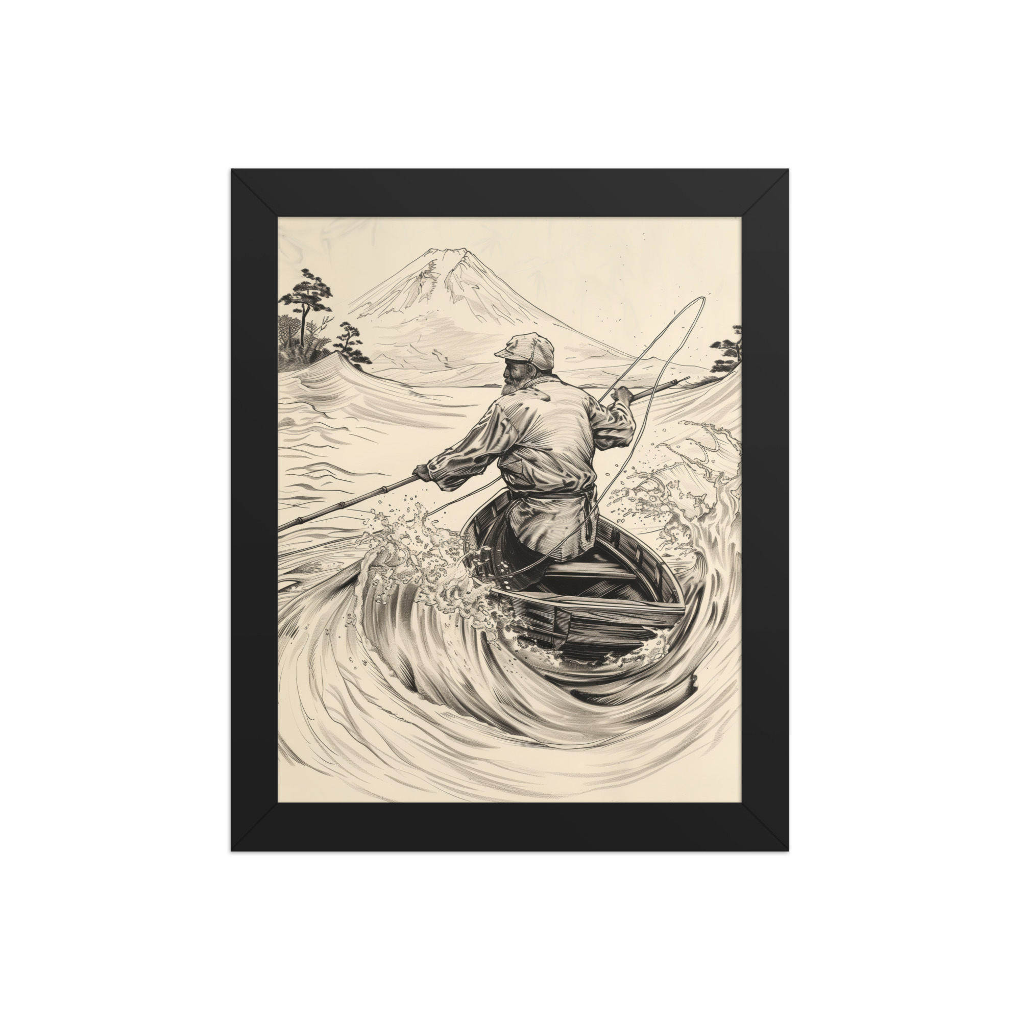 Fisherman of Mount Fuji — Japanese Woodblock Style Wall Art — Framed Poster - Image 2