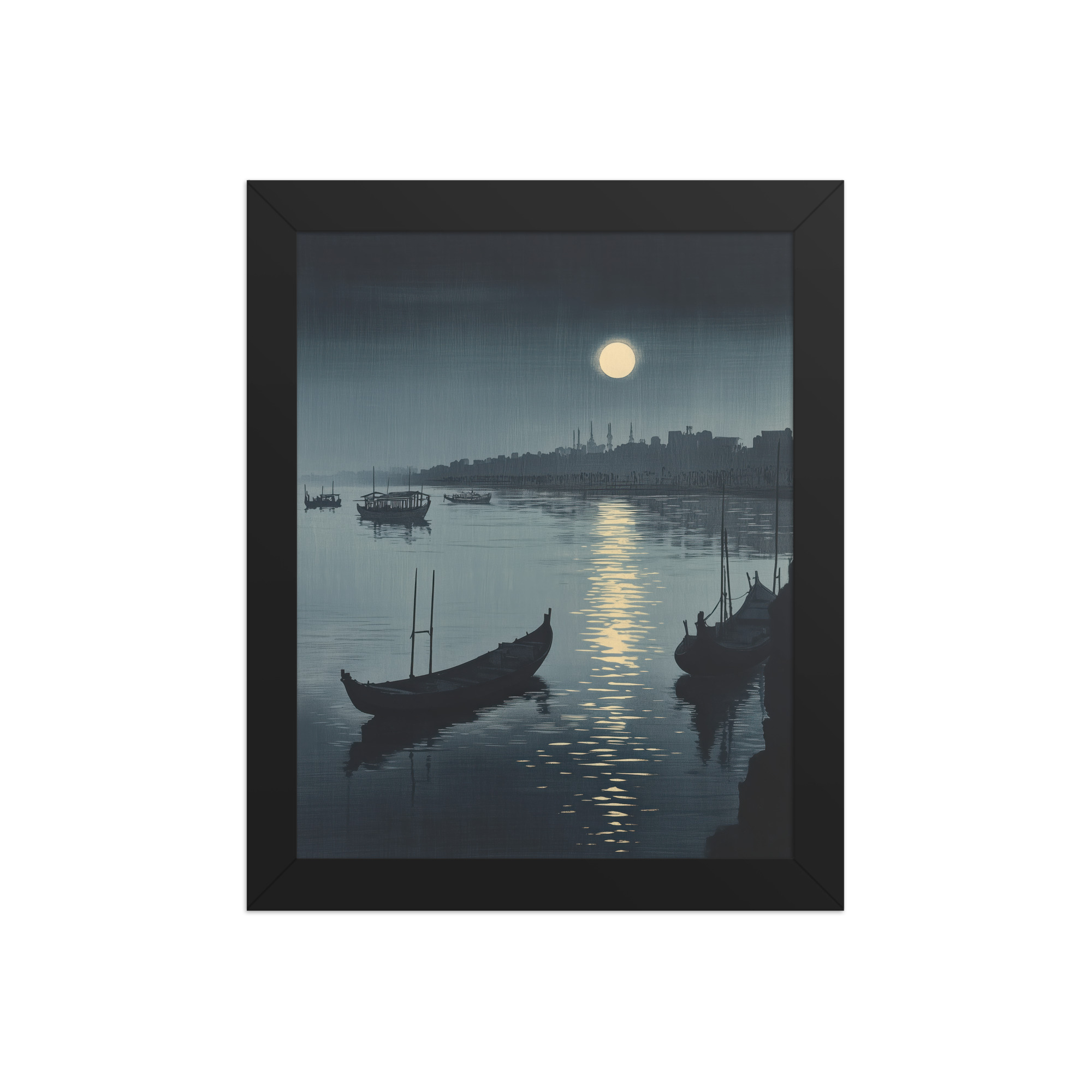 Moonlit Reflection Sumida — River Boats, Nocturne Japanese Landscape Wall Art — Framed Poster - Image 2