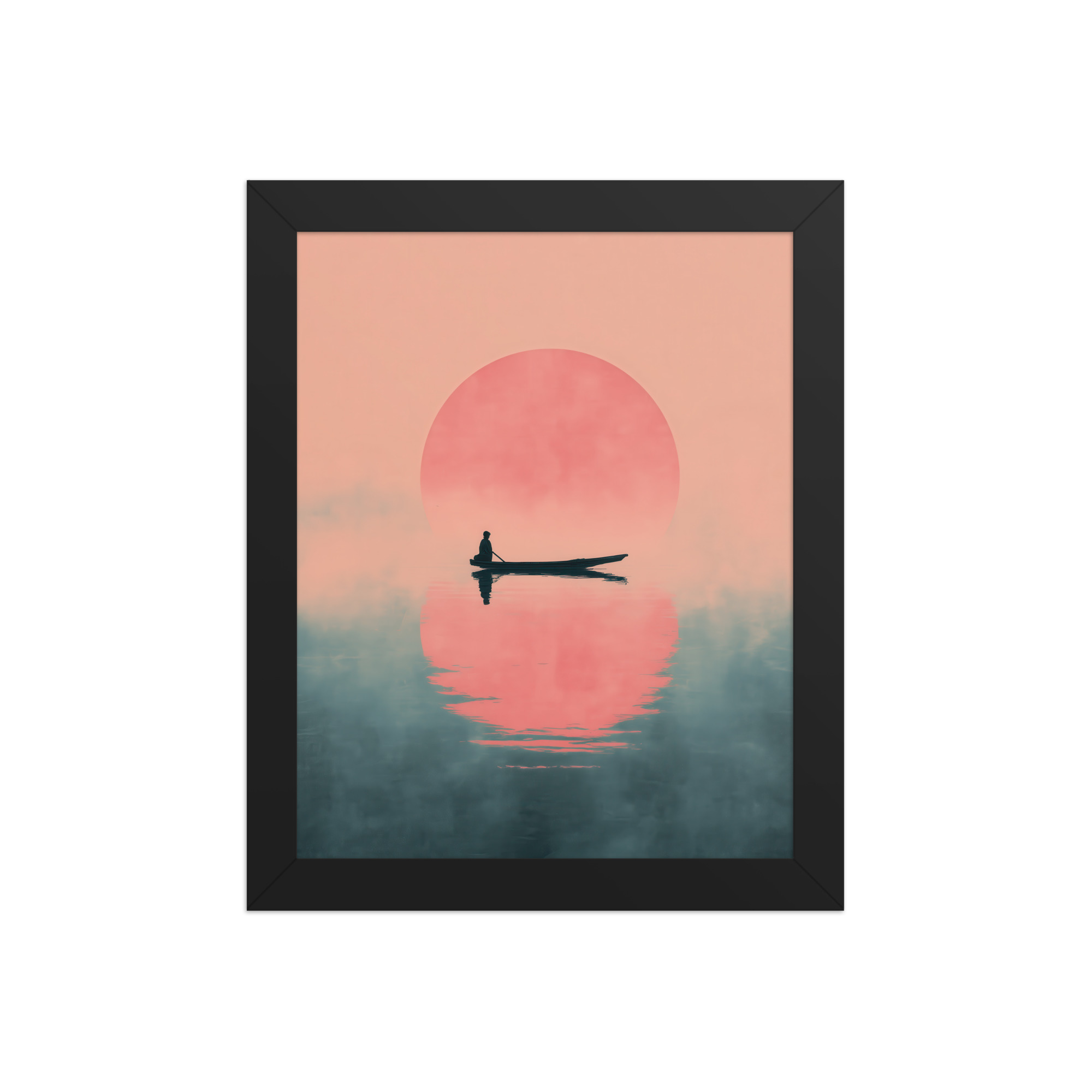 Fisherman in Misty Dawn — Minimal Sunrise Boat Wall Art — Framed Poster - Image 2