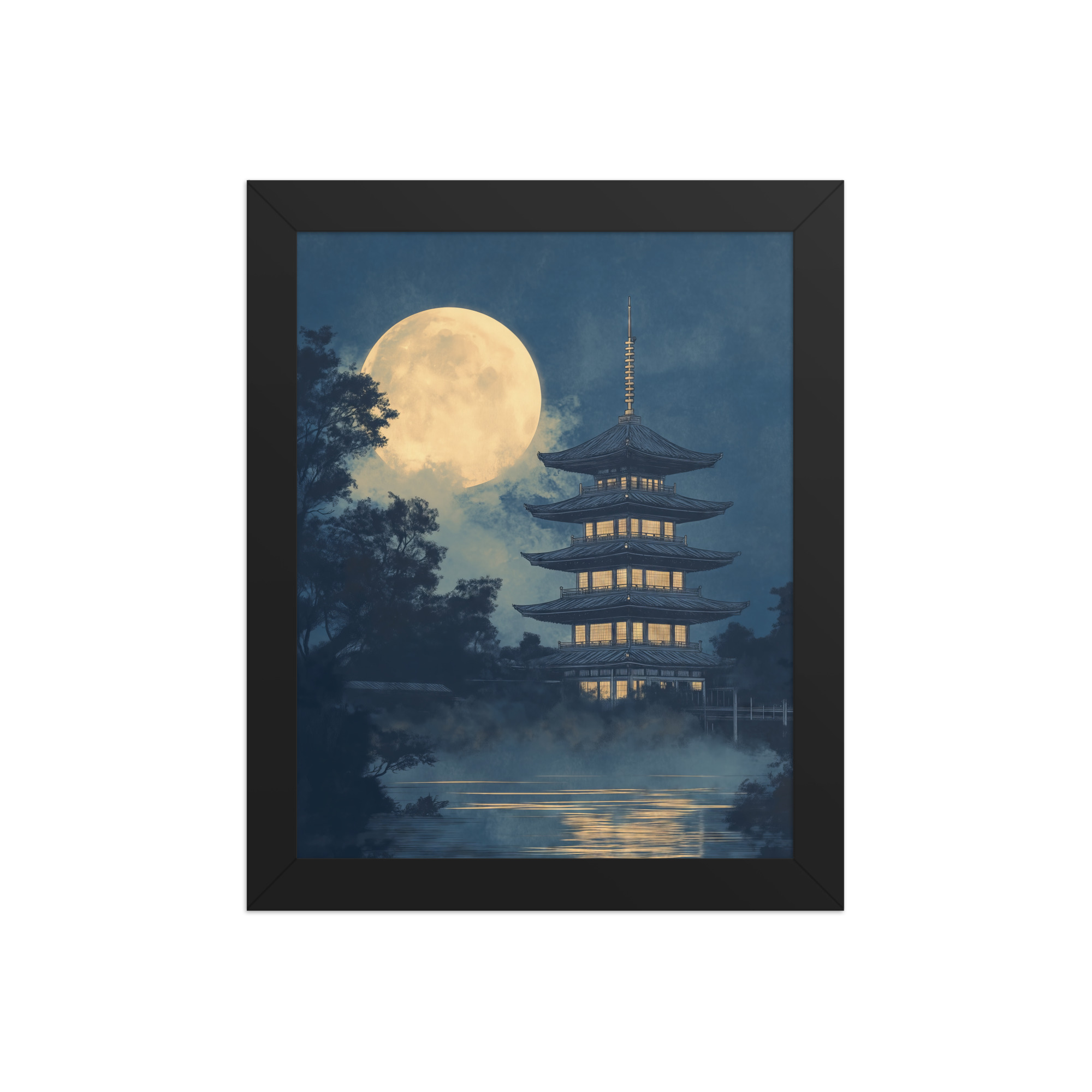 Moonlit Pagoda — Japanese Temple, Night Landscape Wall Art — Framed Poster - Image 2