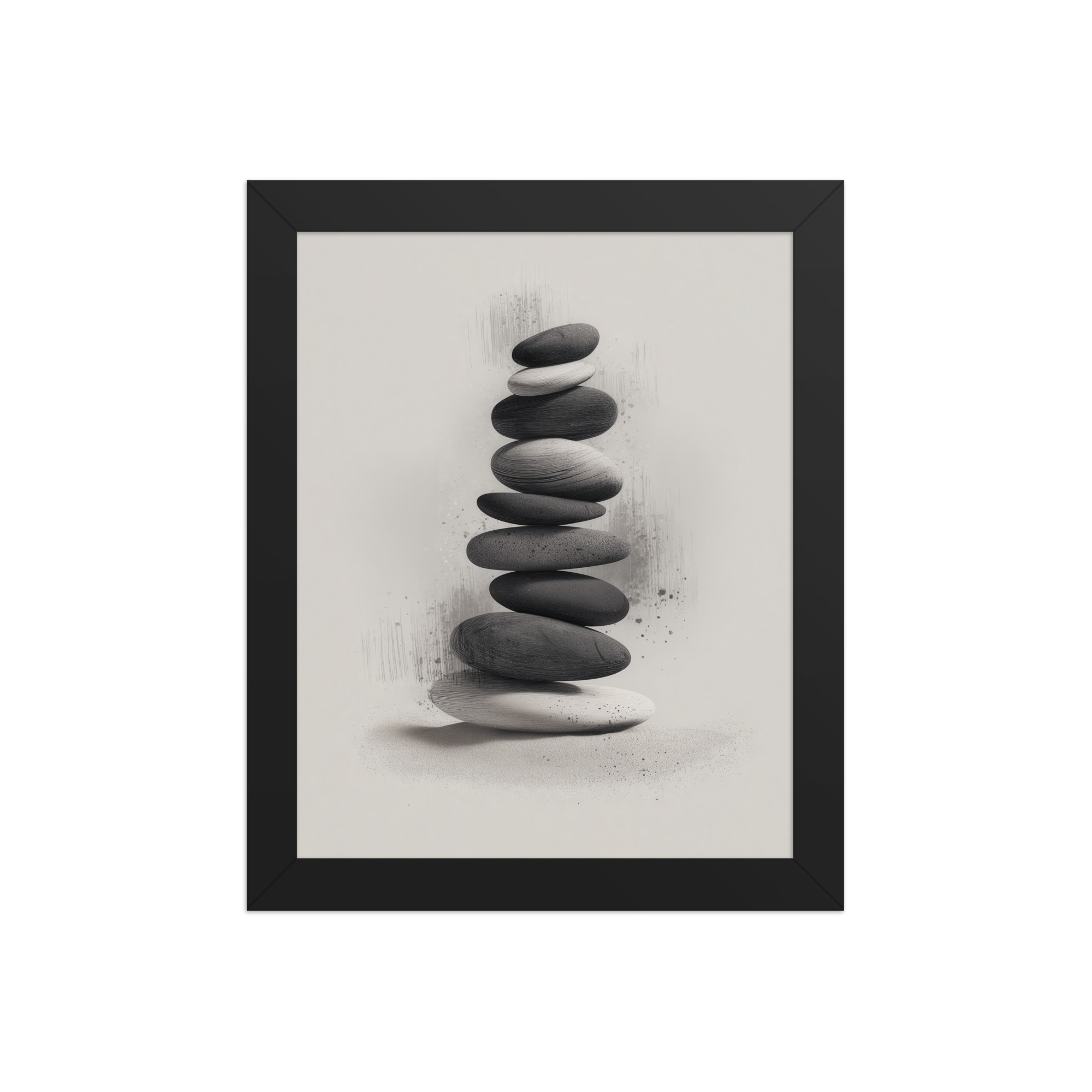 Balanced Stillness – Stacked Stones II Modern Monochrome Zen Wall Art – Framed Poster - Image 2