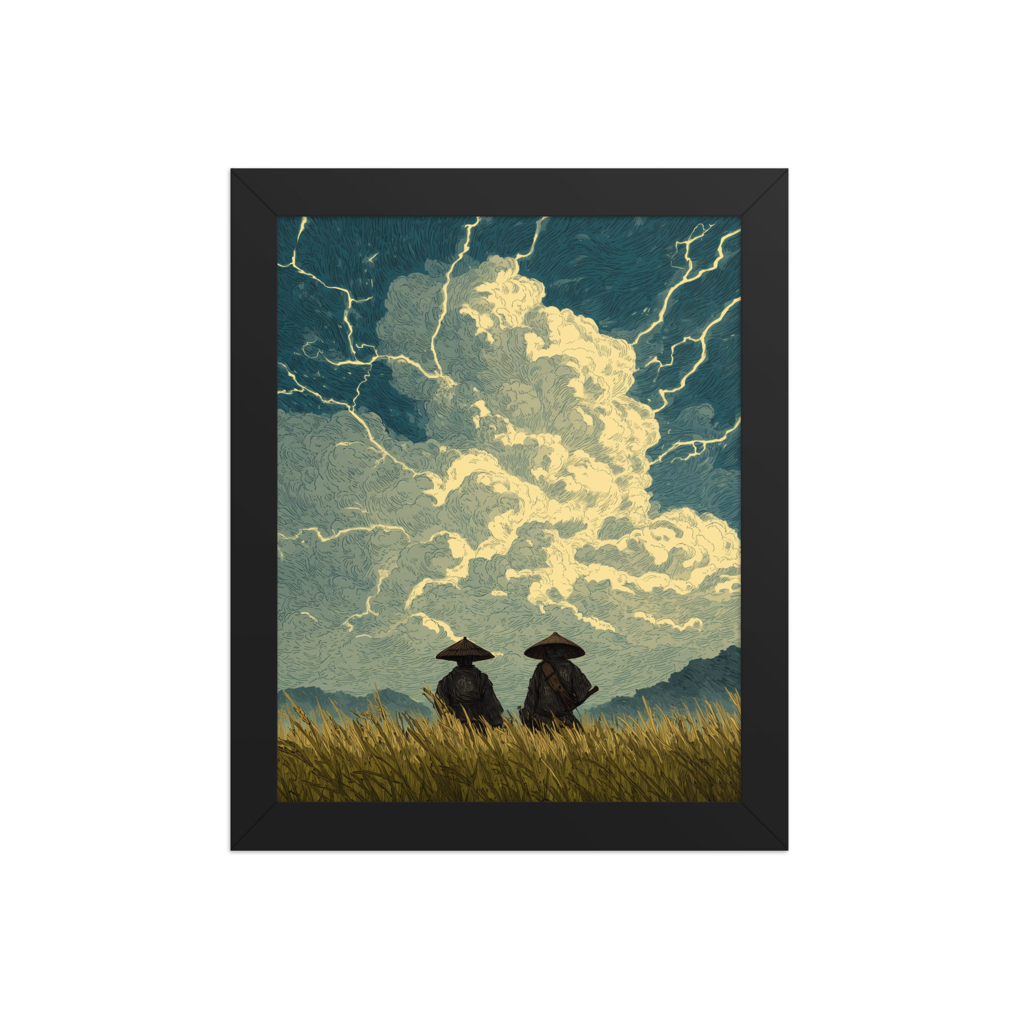 Before the Storm – Ukiyo-e Samurai Watchers Landscape Wall Art – Framed Poster - Image 2