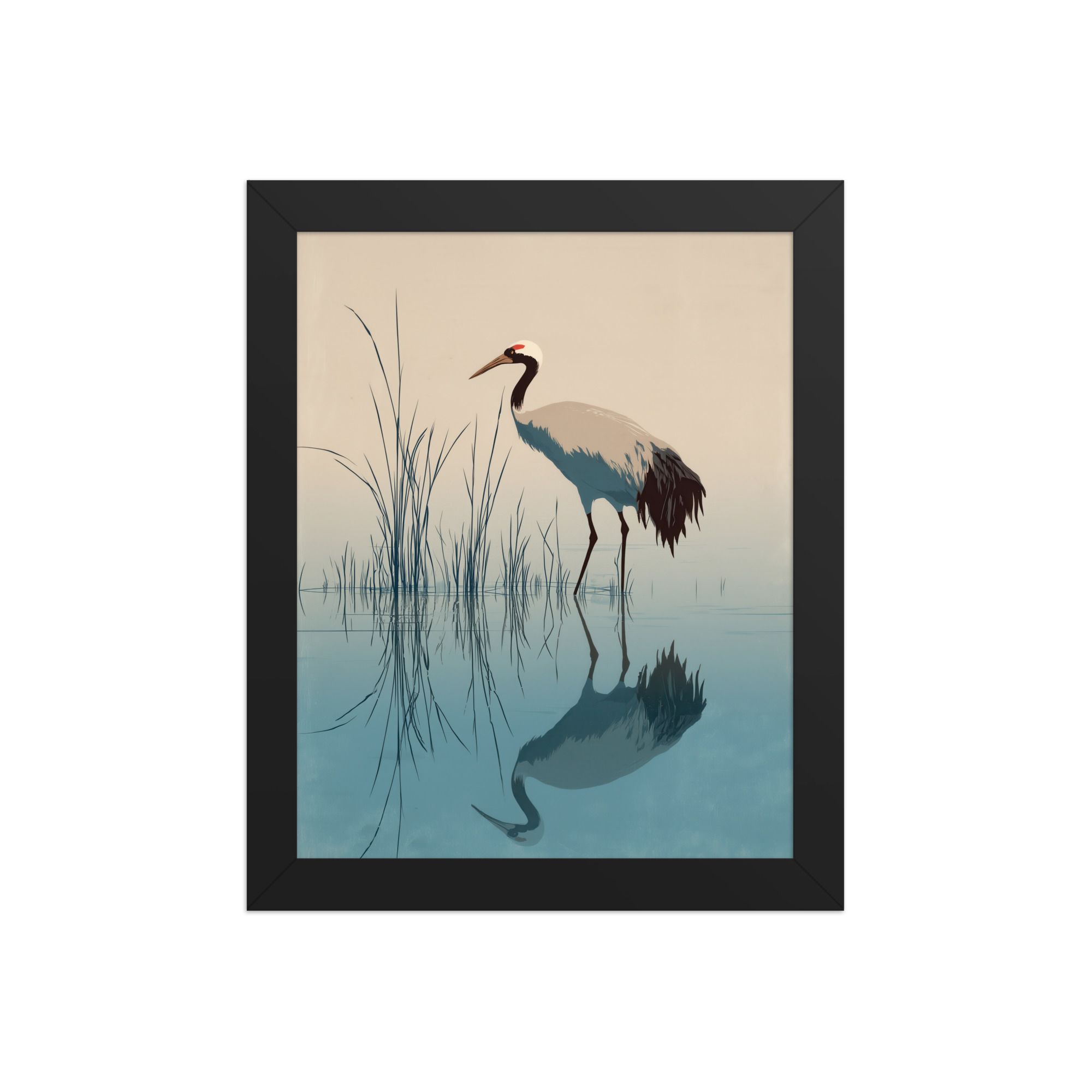 Crane and Reflection Stillness – Minimal Ukiyo-e Bird Wall Art – Framed Poster - Image 2