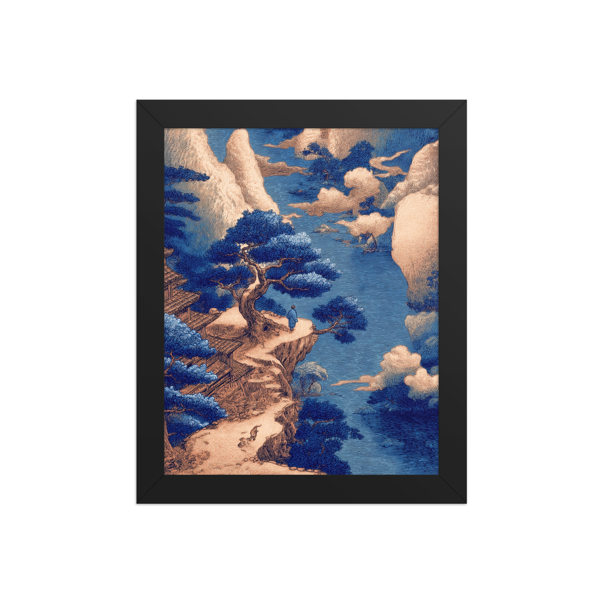 Cliffside Temple View – Blue Ukiyo-e Landscape Wall Art – Framed Poster - Image 2