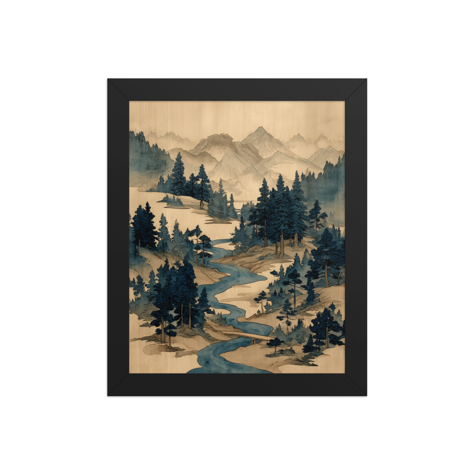 Winding River Pines – Ukiyo-e Mountain Stream Landscape Wall Art – Framed Poster - Image 2