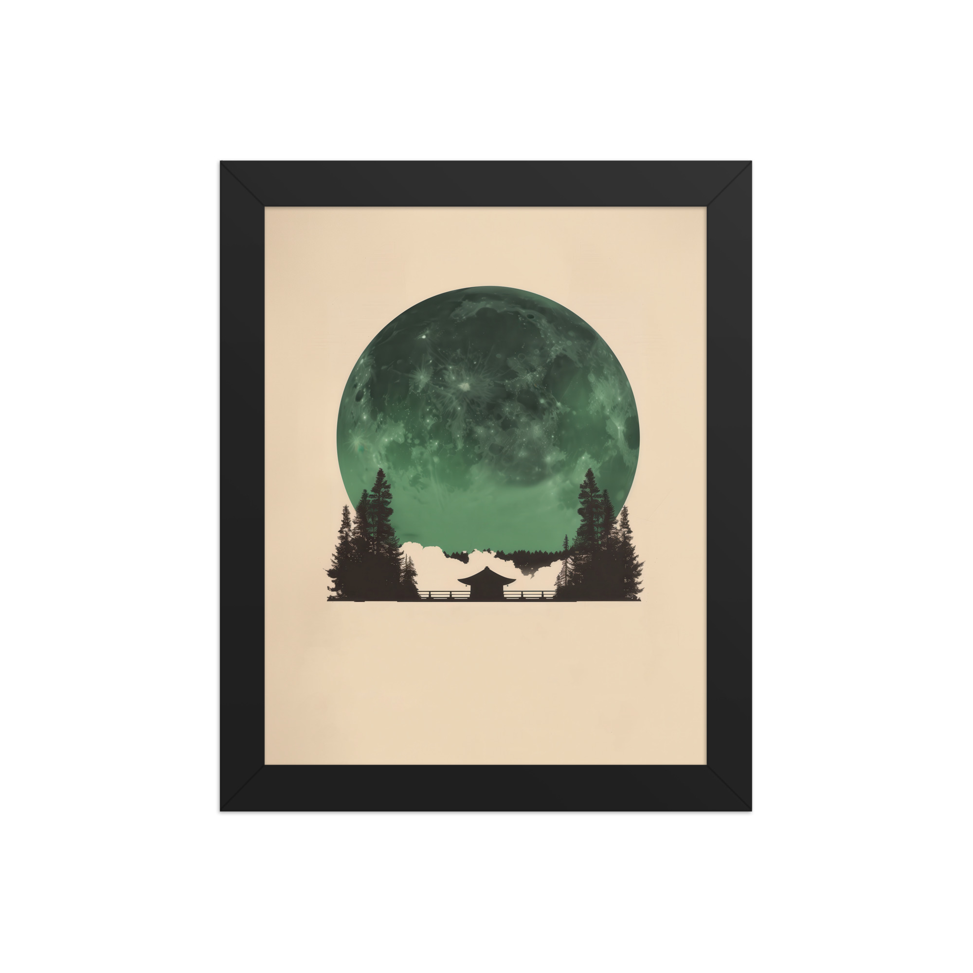 Emerald Moon Temple — Japandi Silhouette Wall Art — Framed Poster - Image 2