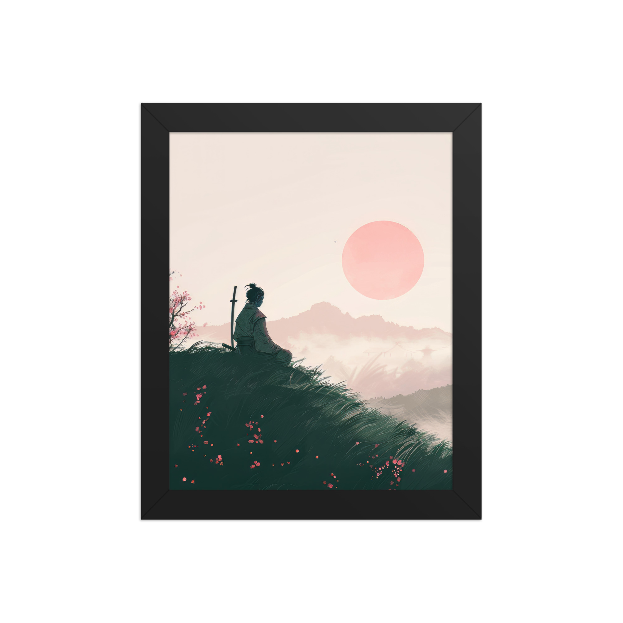 Samurai at Dawn – Pink Sun Over Hills Quiet Strength at Daybreak Wall Decor – Framed Poster - Image 2