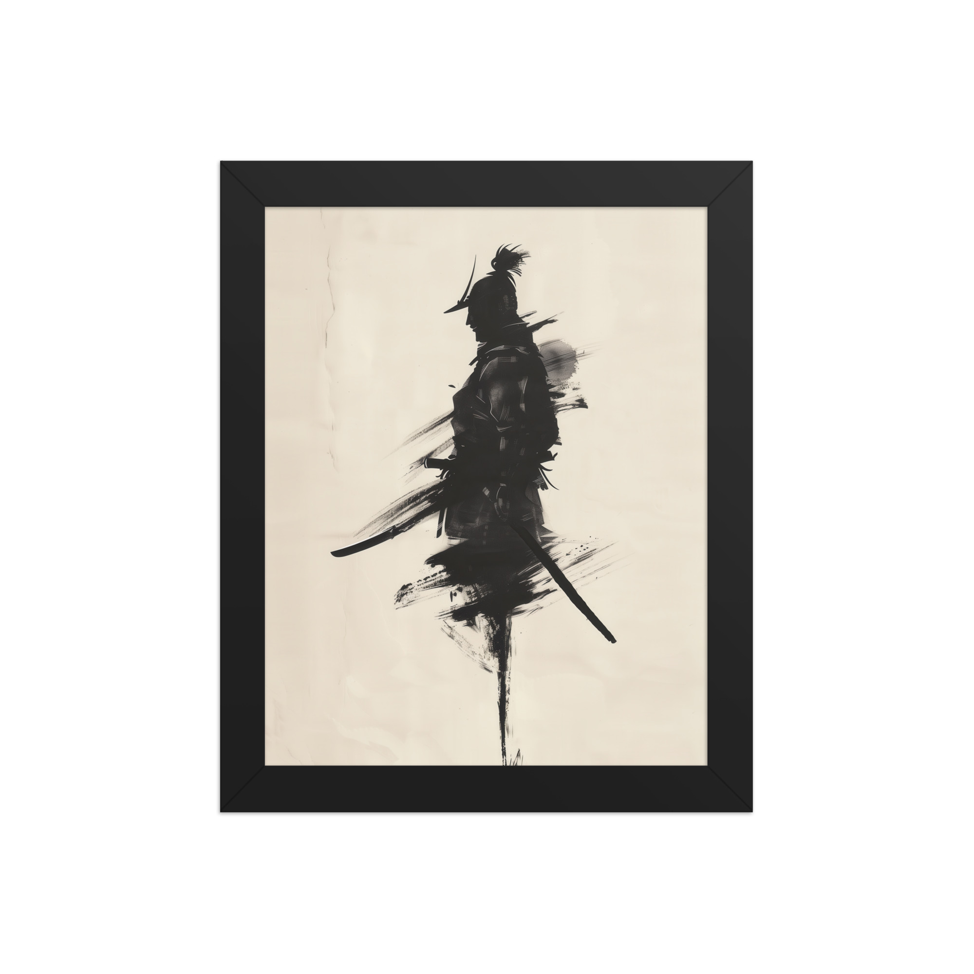 Shadowed Warrior – Sumi-e Silhouette of a Lone Samurai Wall Decor – Framed Poster - Image 2