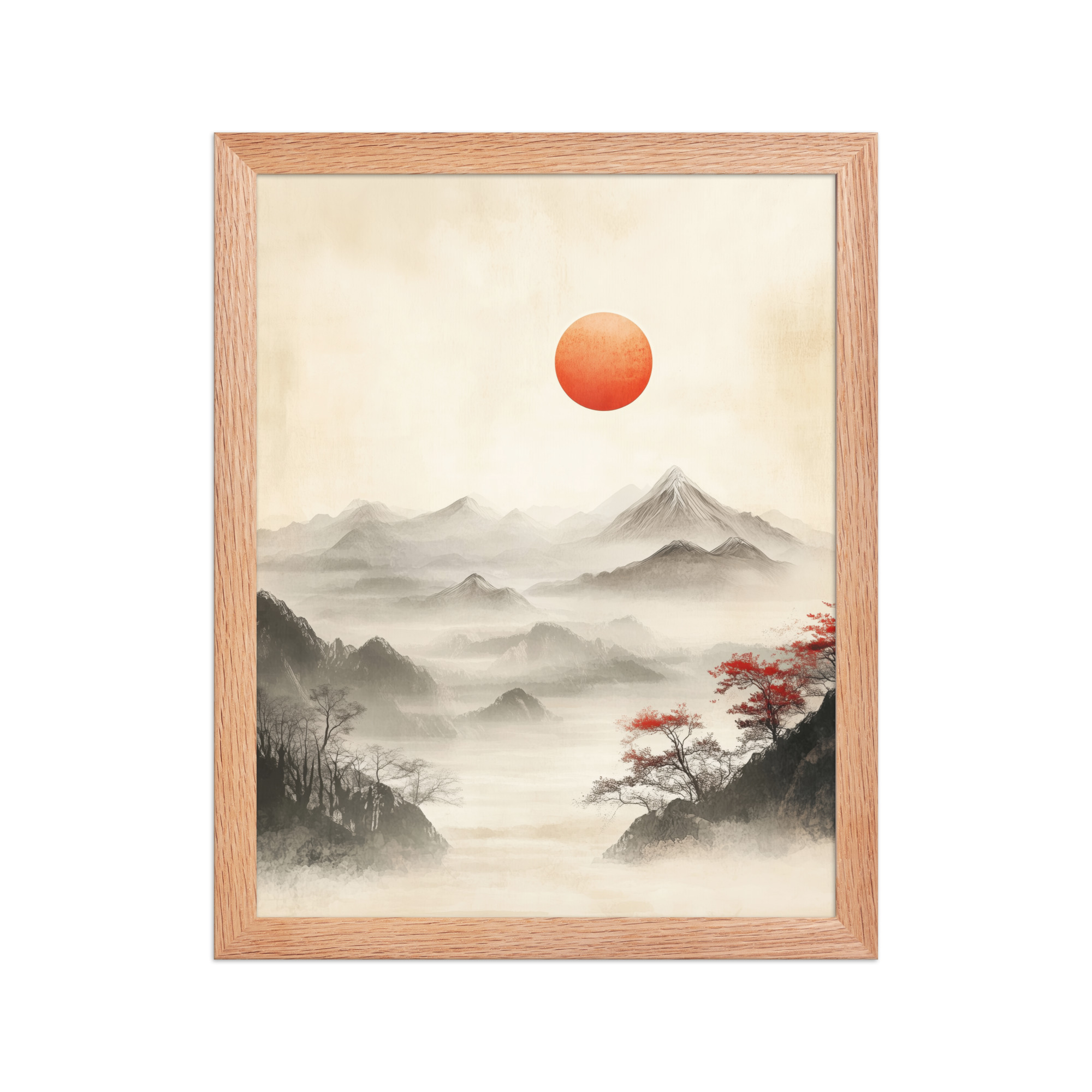 Red Sun Over Silent Peaks — Misty Ink Mountain Landscape Wall Art — Framed Poster - Image 8