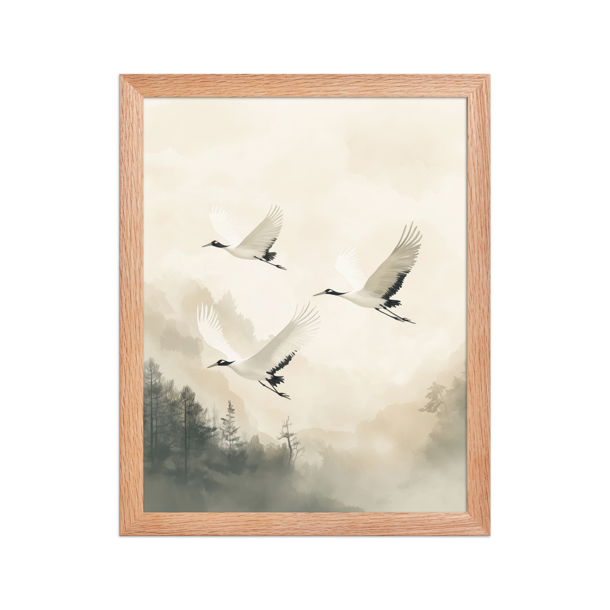 Cranes of Serenity — Misty Forest Flight Bird Wall Art — Framed Poster - Image 8