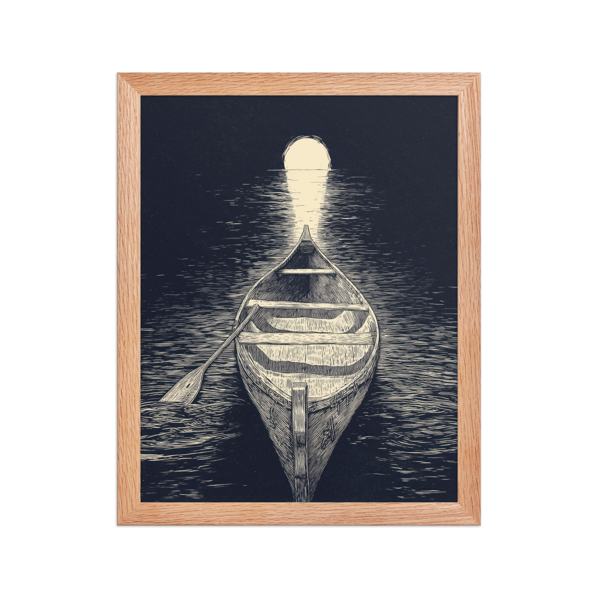 Moonlit Canoe — Woodcut Night Lake Wall Art — Framed Poster - Image 6