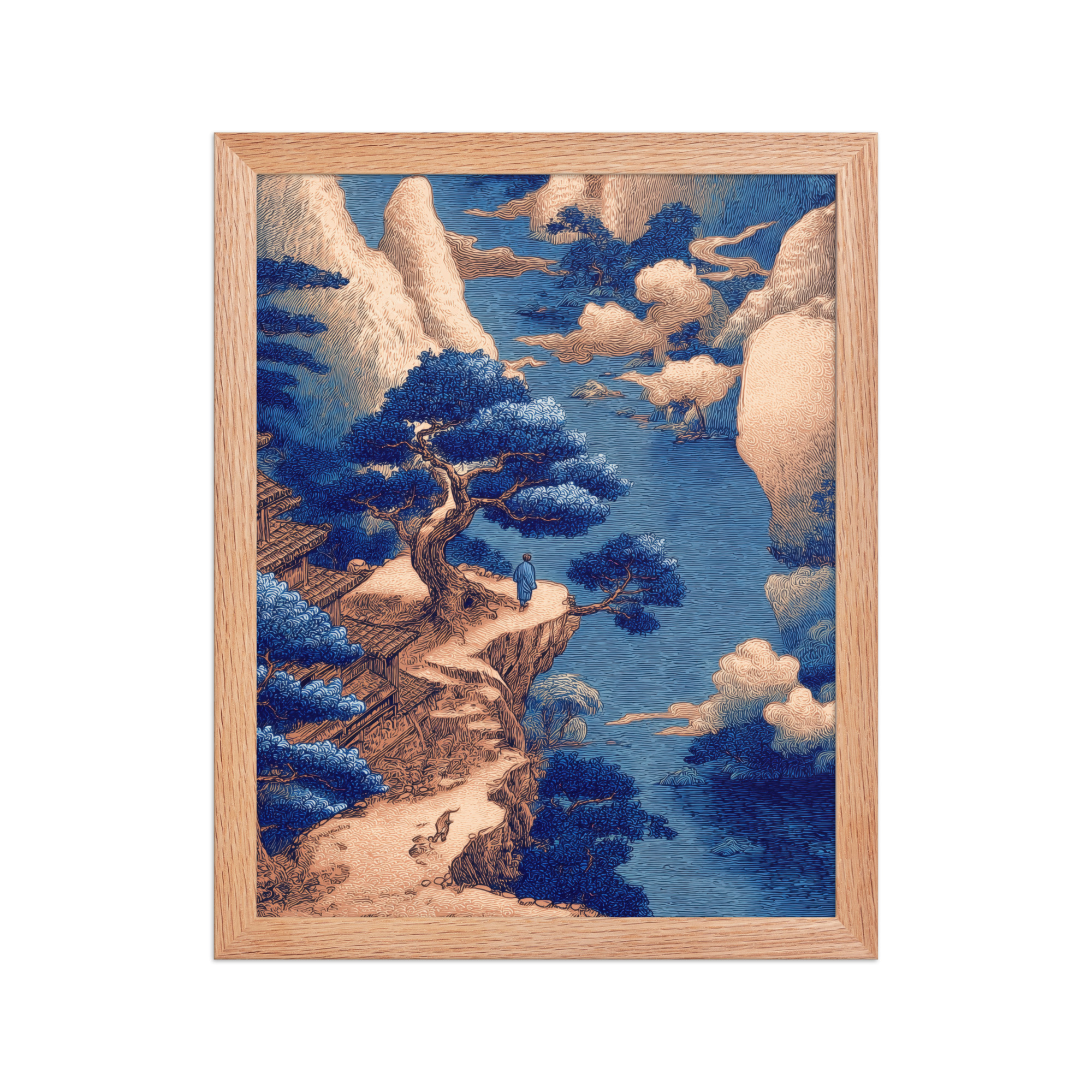 Cliffside Temple View – Blue Ukiyo-e Landscape Wall Art – Framed Poster - Image 10