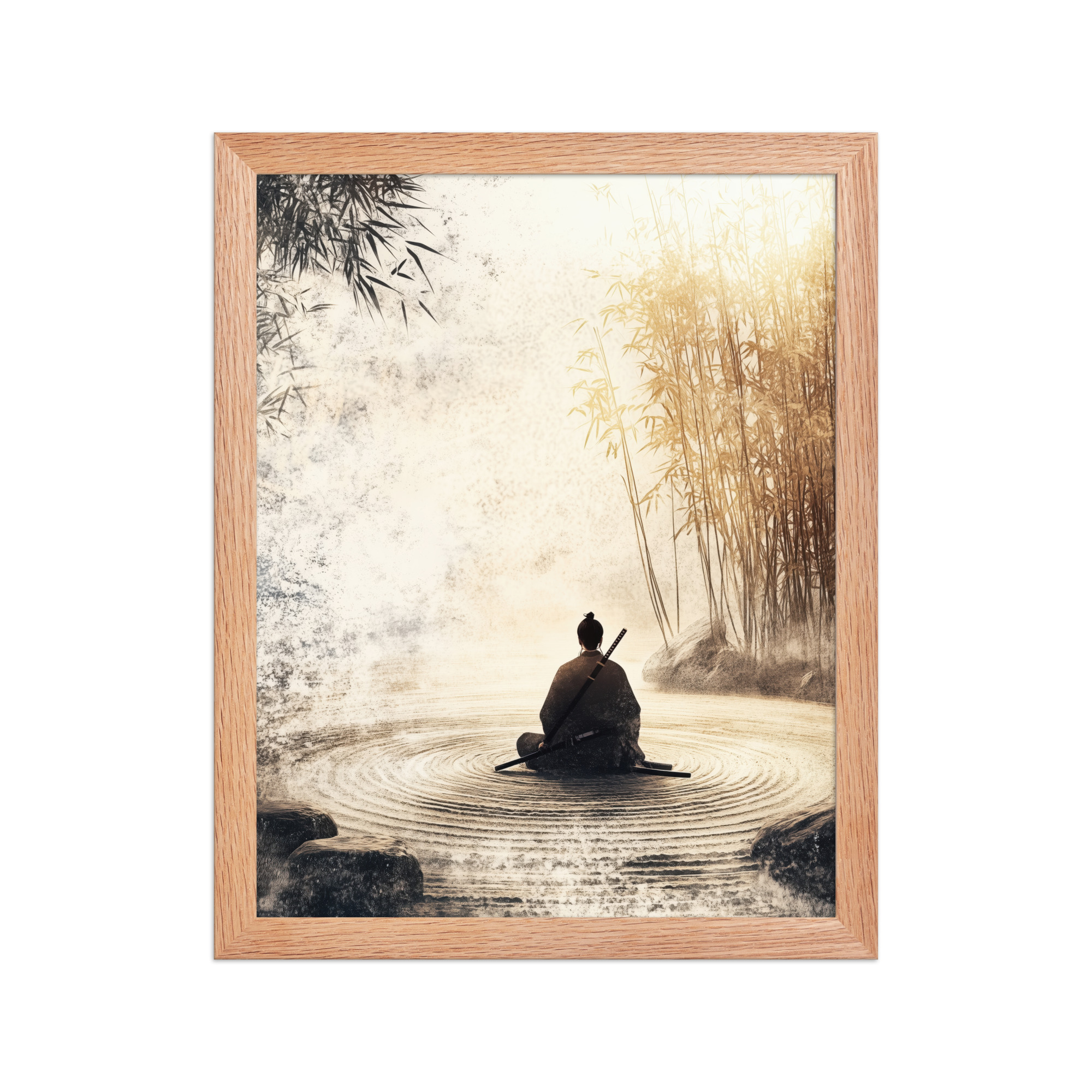 Zen Samurai in Bamboo Light – Neutral Sumi-e Ink Samurai Meditation Wall Art – Framed Poster - Image 7