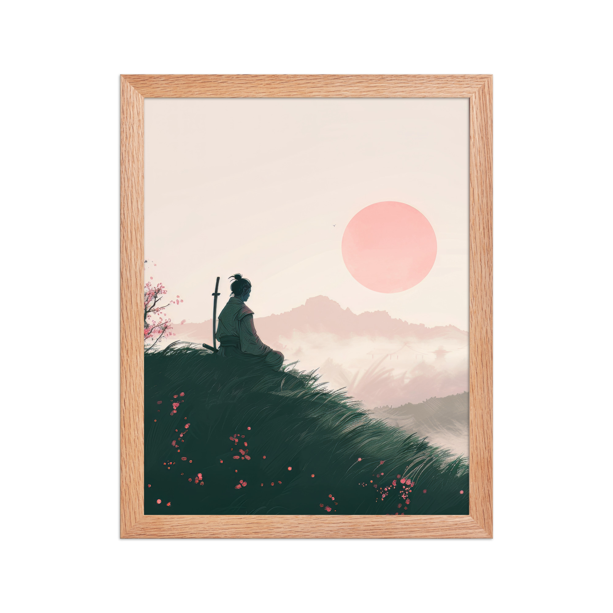 Samurai at Dawn – Pink Sun Over Hills Quiet Strength at Daybreak Wall Decor – Framed Poster - Image 9