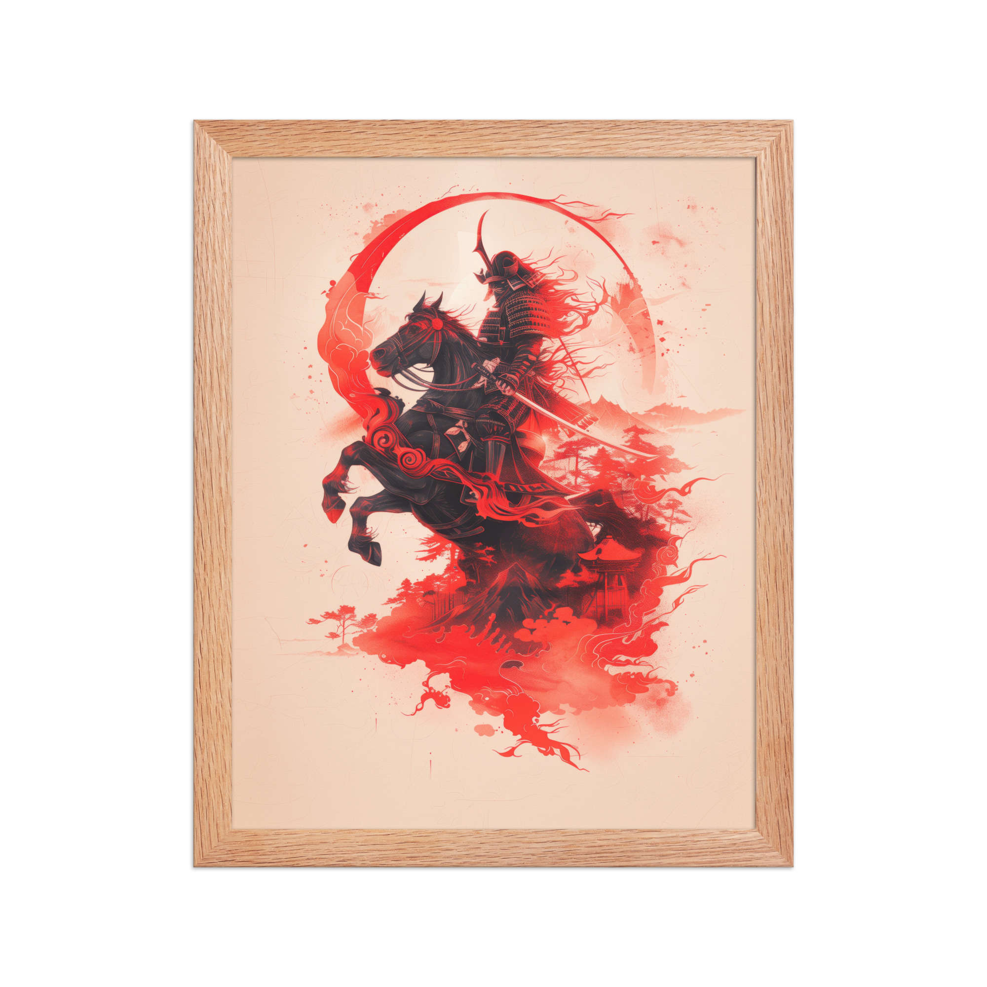 Crimson Charge – Samurai on Horseback Flaming Arc of Courage Wall Art – Framed Poster - Image 6