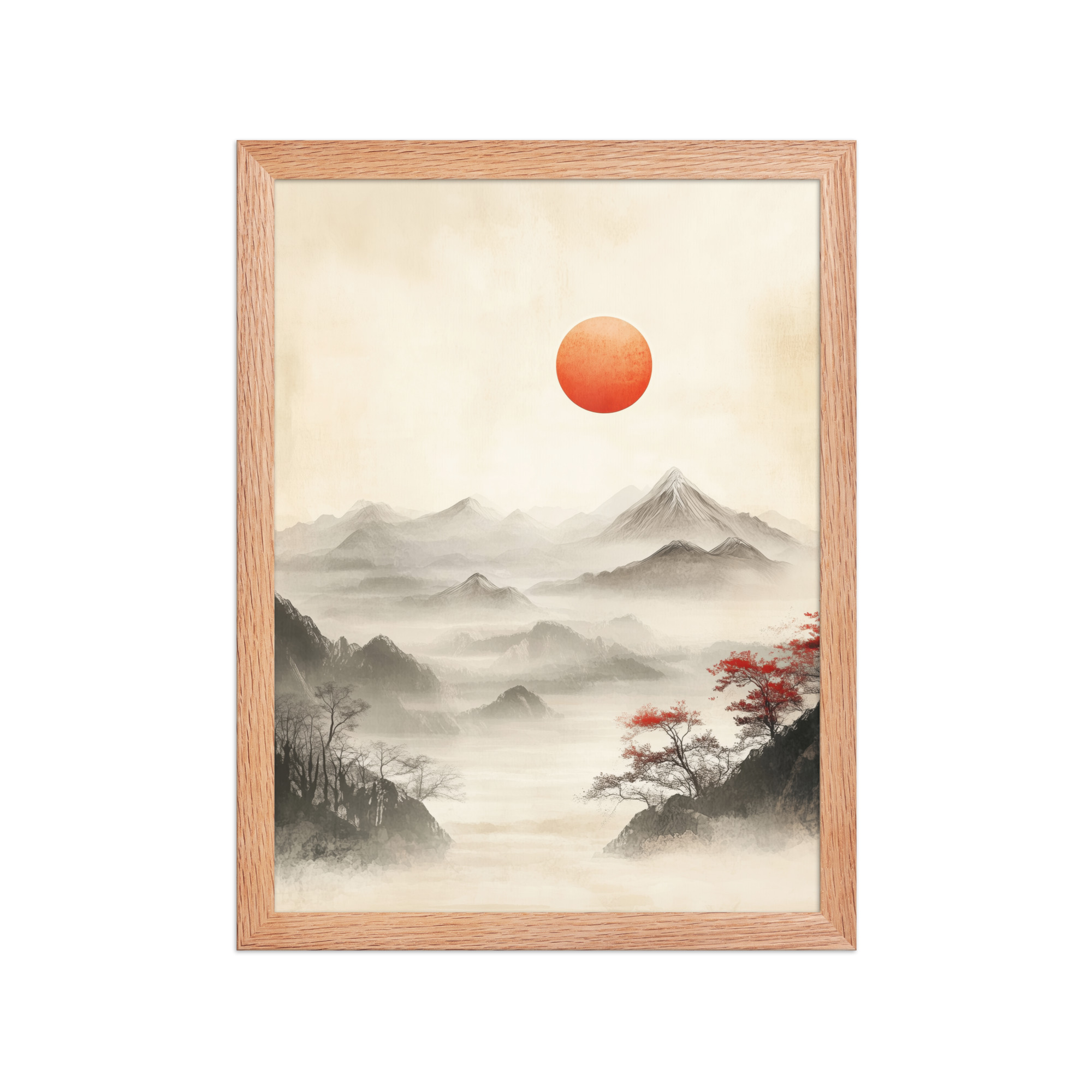Red Sun Over Silent Peaks — Misty Ink Mountain Landscape Wall Art — Framed Poster - Image 9