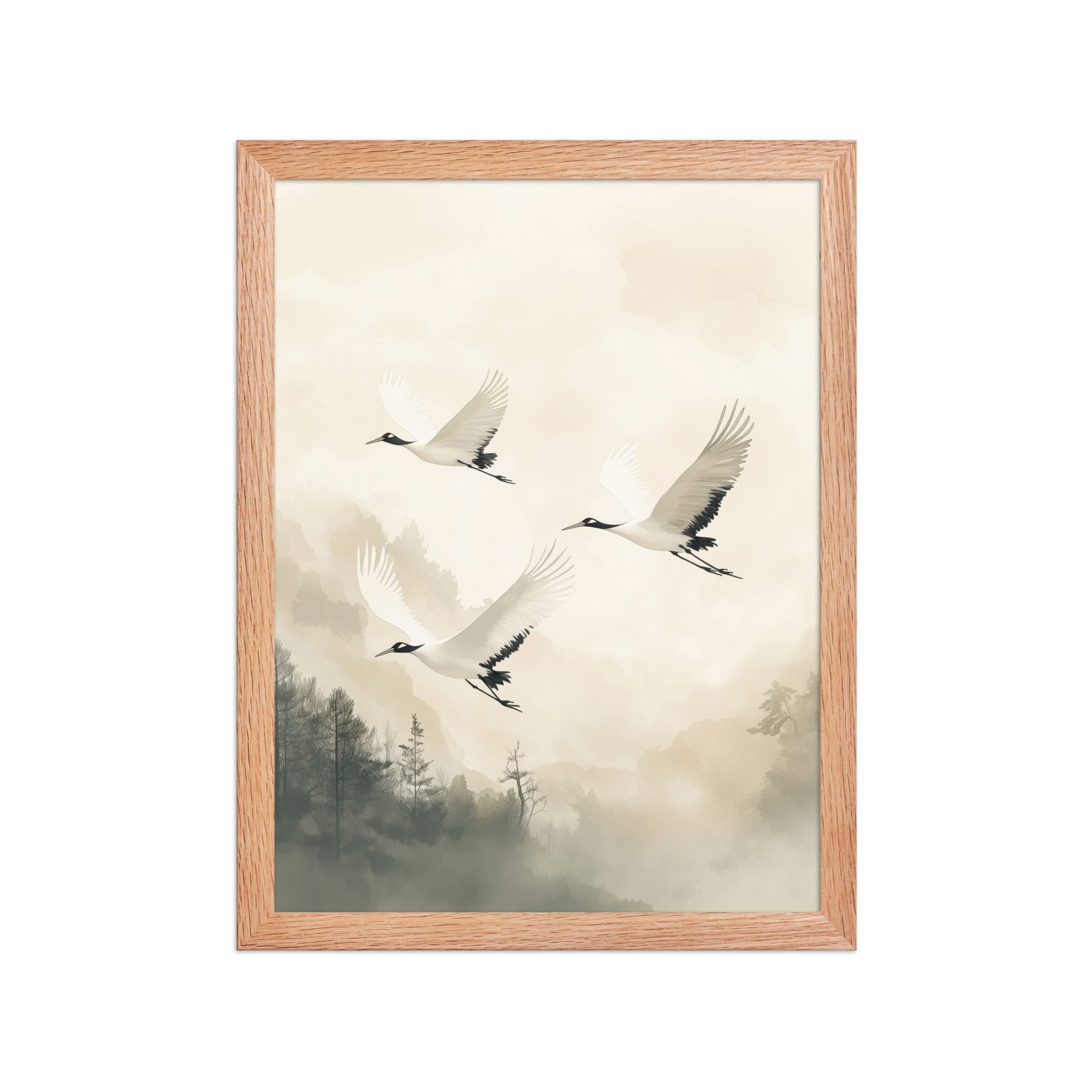 Cranes of Serenity — Misty Forest Flight Bird Wall Art — Framed Poster - Image 9