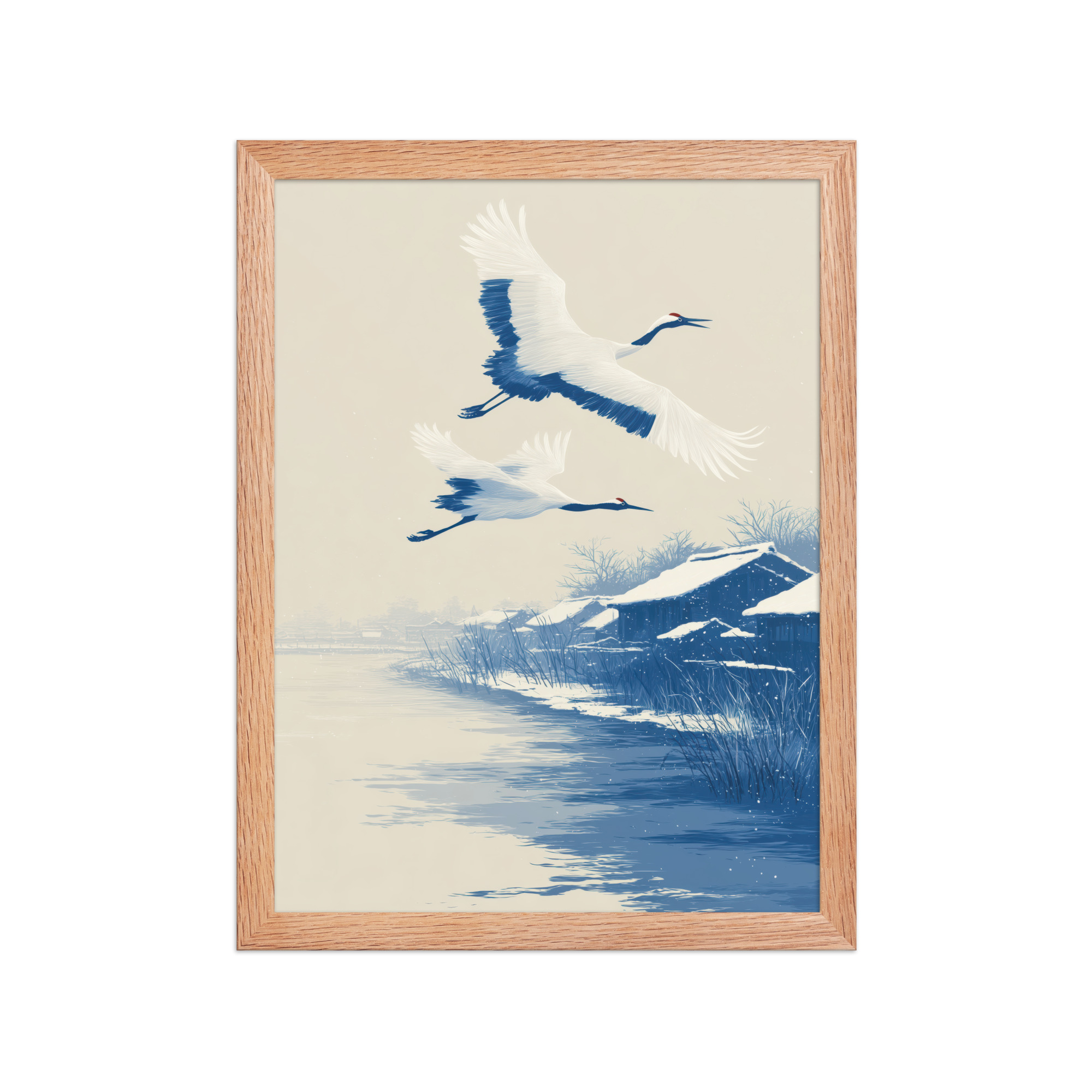 Cranes in Winter Sky — Ukiyo-e Birds over Snowy River Village Wall Art — Framed Poster - Image 7