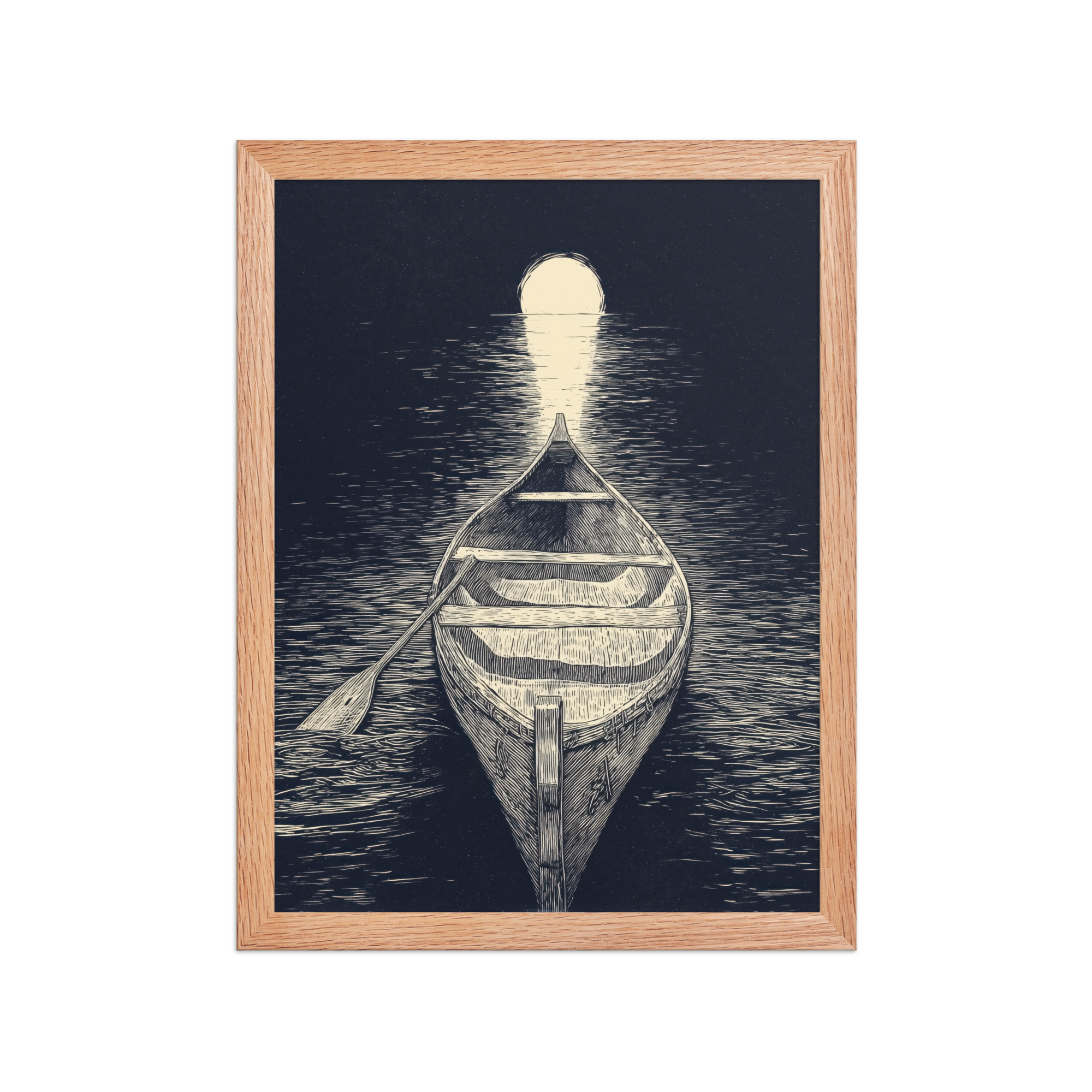 Moonlit Canoe — Woodcut Night Lake Wall Art — Framed Poster - Image 7