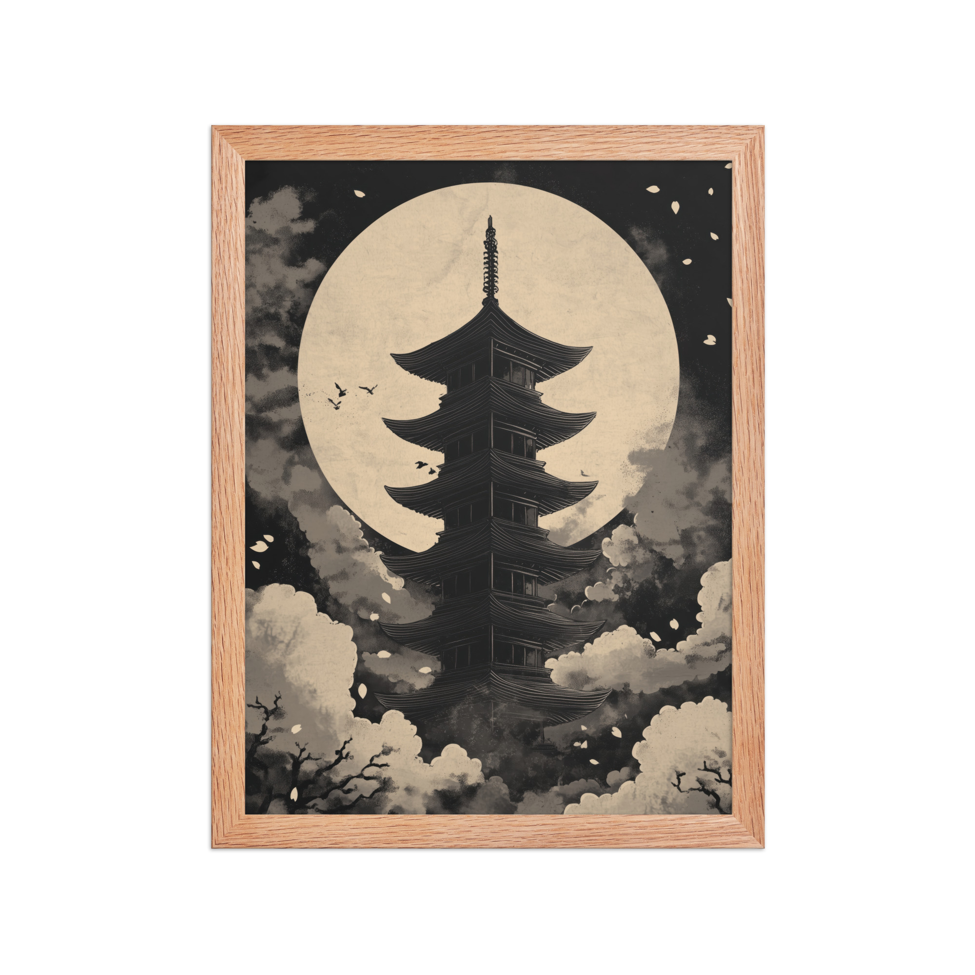 Moonlit Zen Pagoda — Monochrome Pagoda, Japanese Night Wall Art — Framed Poster - Image 7