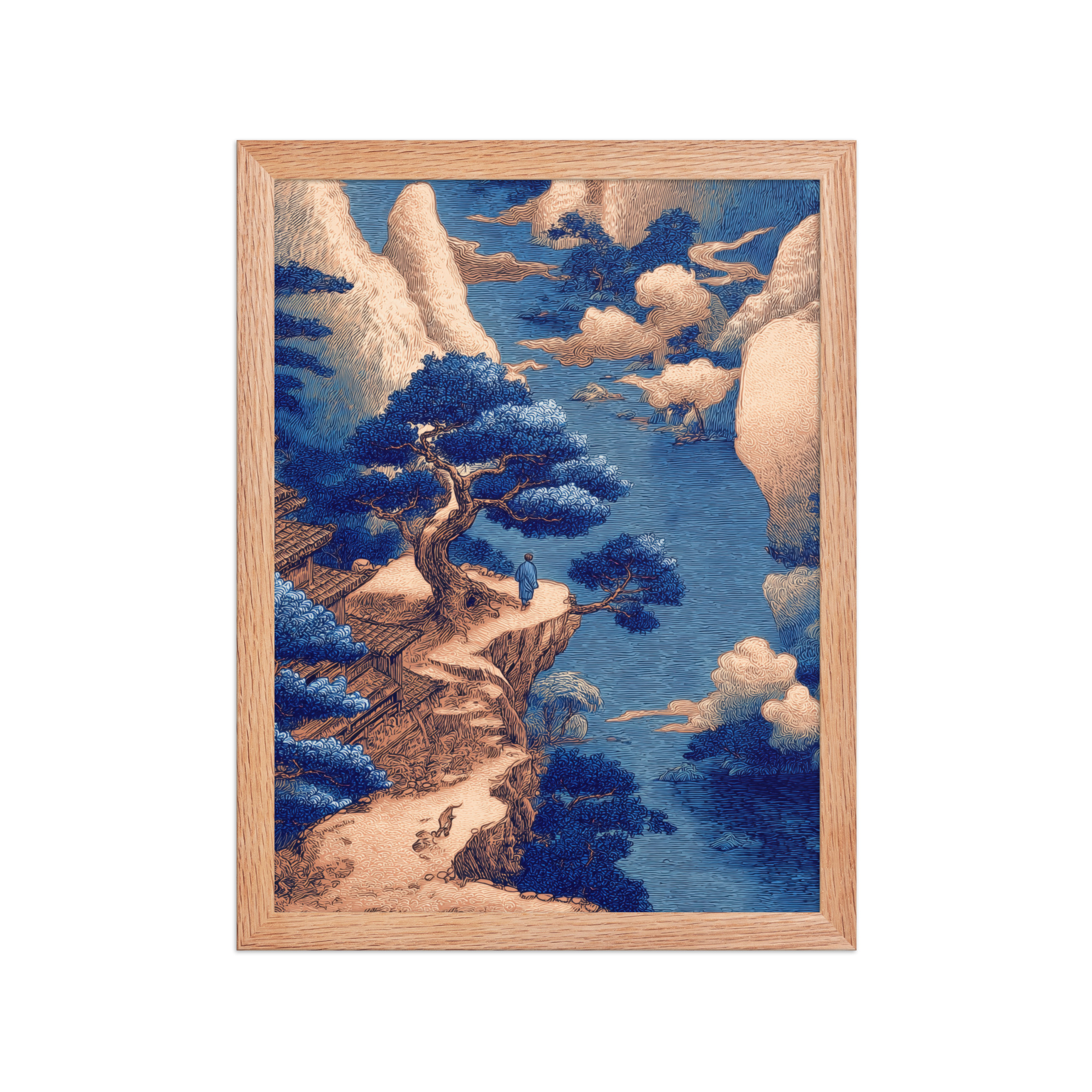 Cliffside Temple View – Blue Ukiyo-e Landscape Wall Art – Framed Poster - Image 11