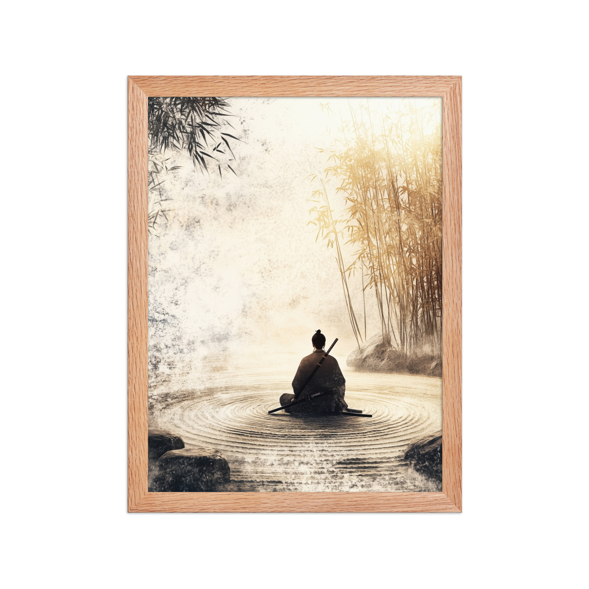 Zen Samurai in Bamboo Light – Neutral Sumi-e Ink Samurai Meditation Wall Art – Framed Poster - Image 8