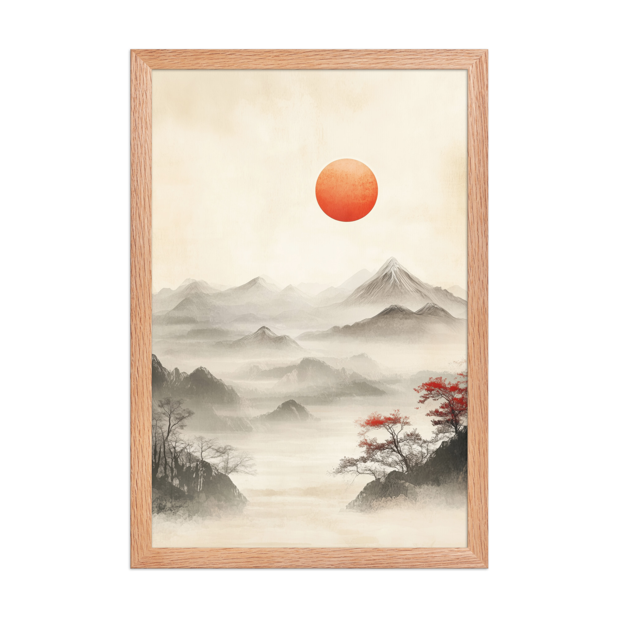 Red Sun Over Silent Peaks — Misty Ink Mountain Landscape Wall Art — Framed Poster - Image 10