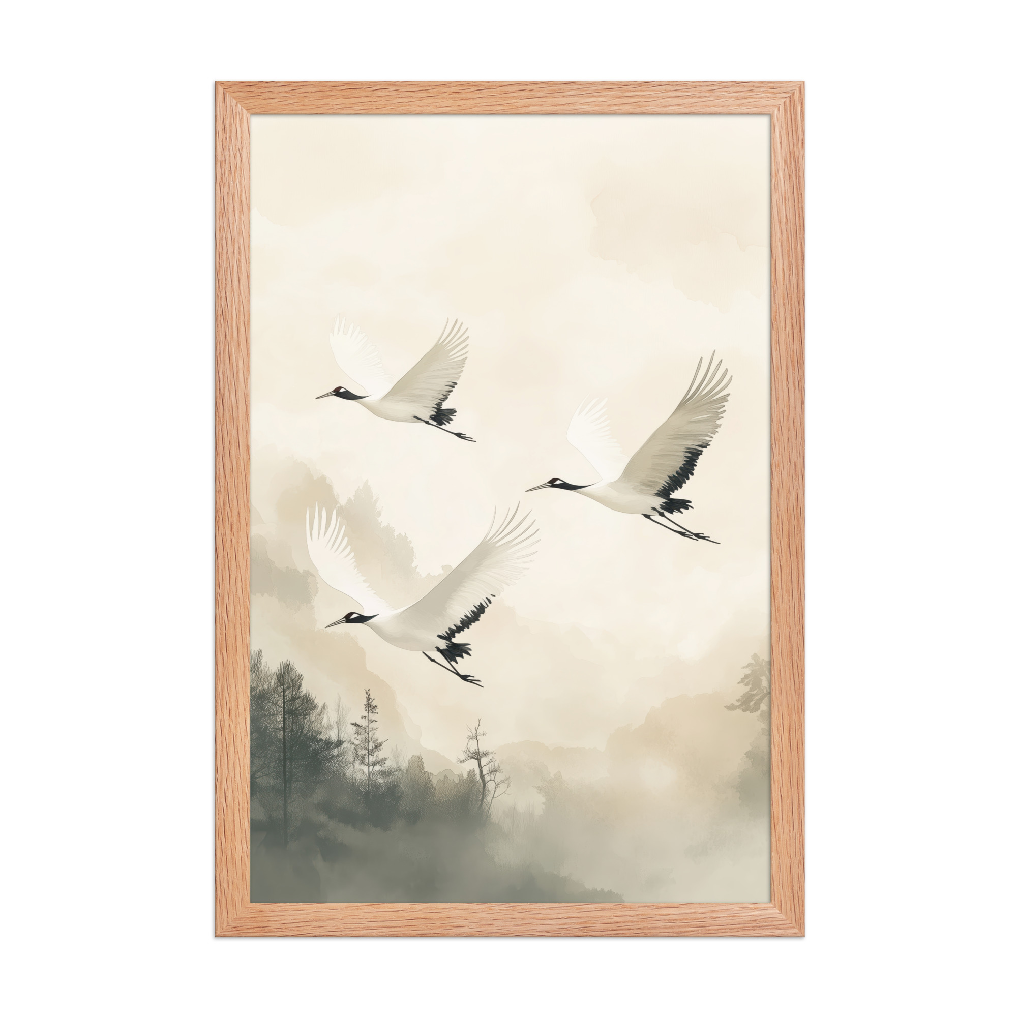 Cranes of Serenity — Misty Forest Flight Bird Wall Art — Framed Poster - Image 10