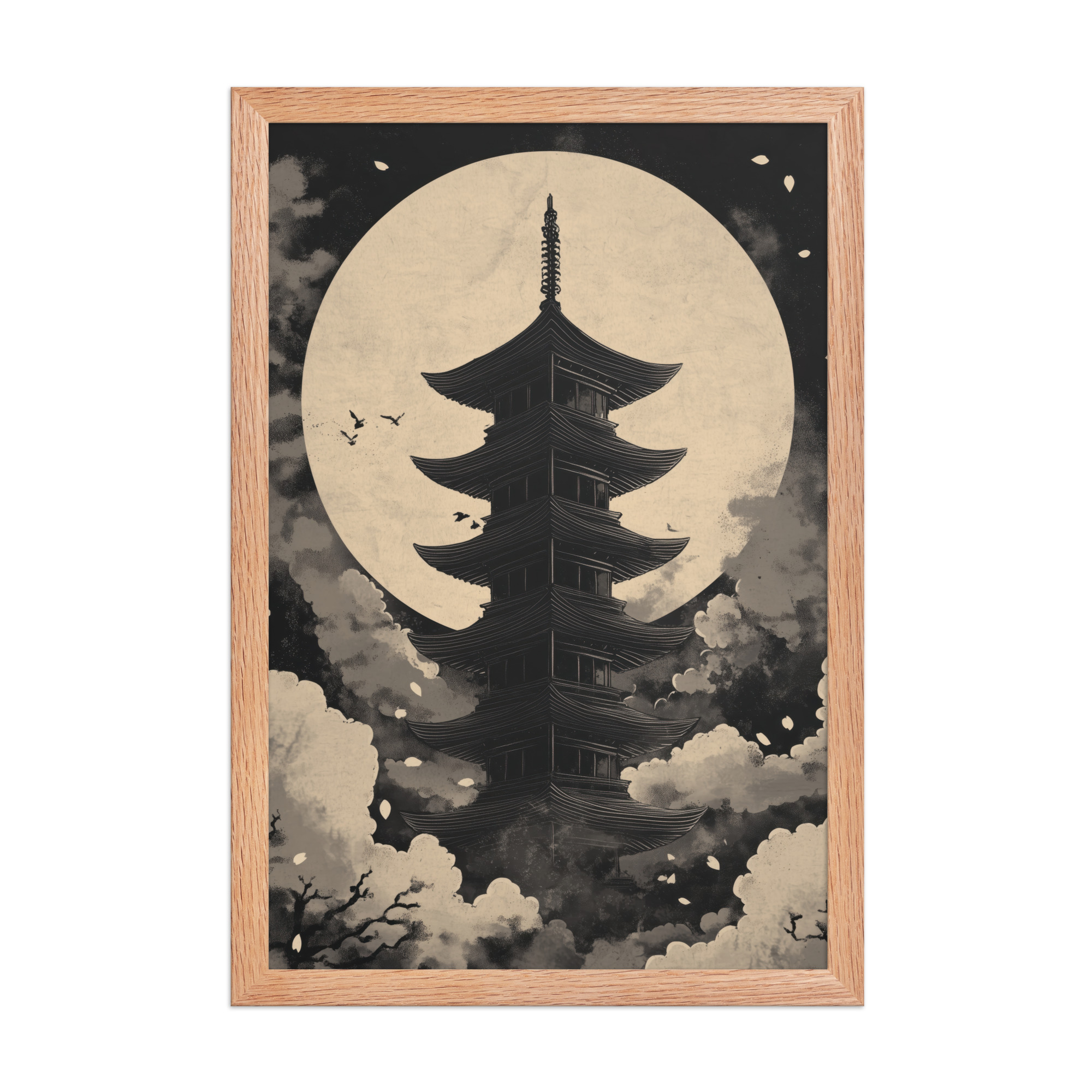 Moonlit Zen Pagoda — Monochrome Pagoda, Japanese Night Wall Art — Framed Poster - Image 8