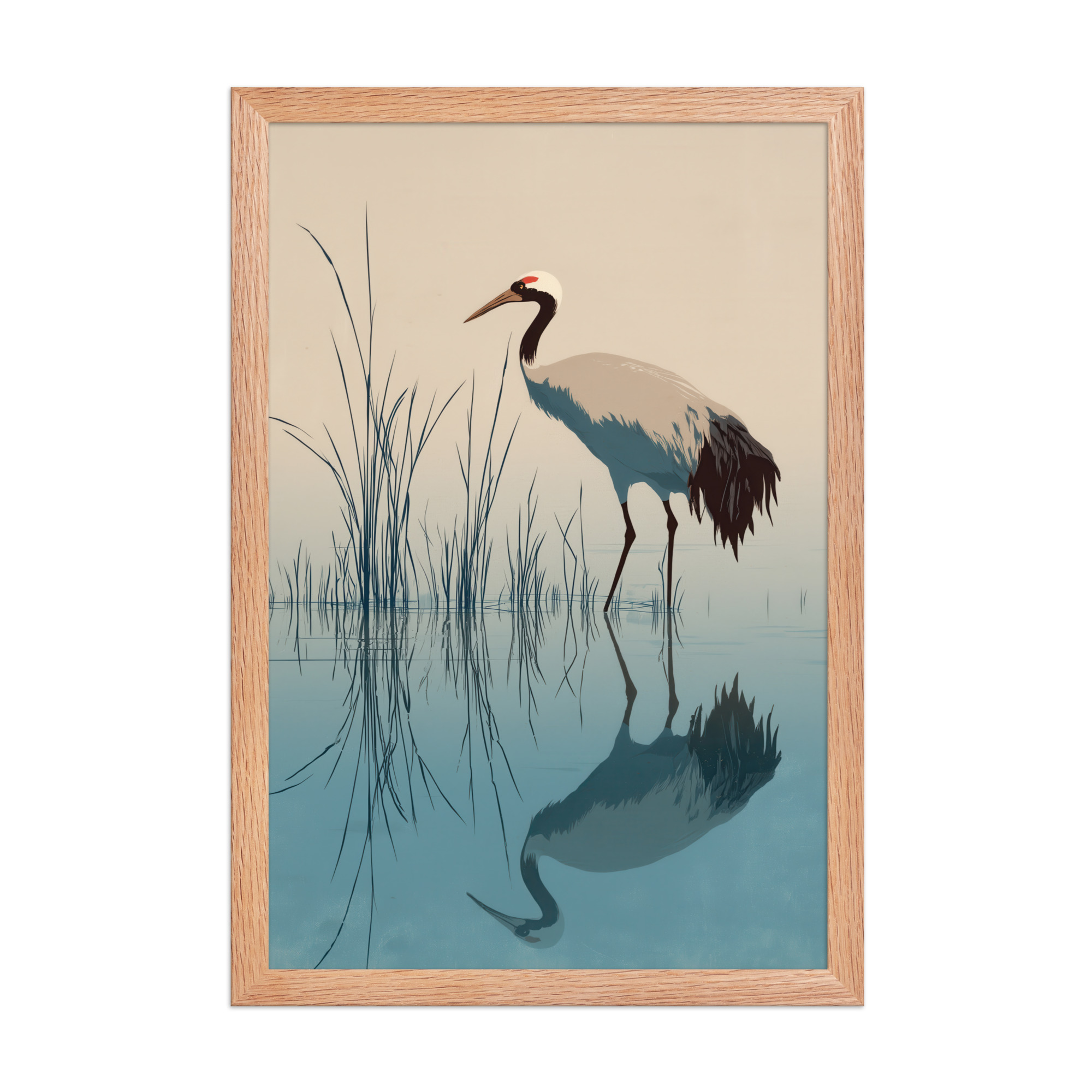Crane and Reflection Stillness – Minimal Ukiyo-e Bird Wall Art – Framed Poster - Image 12