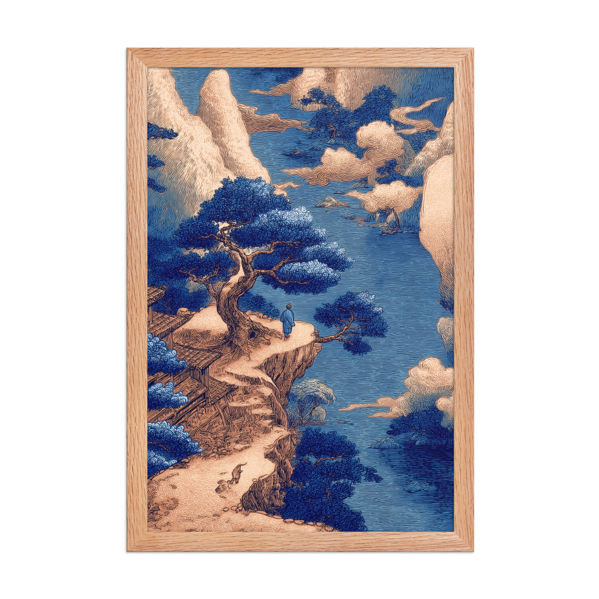 Cliffside Temple View – Blue Ukiyo-e Landscape Wall Art – Framed Poster - Image 12