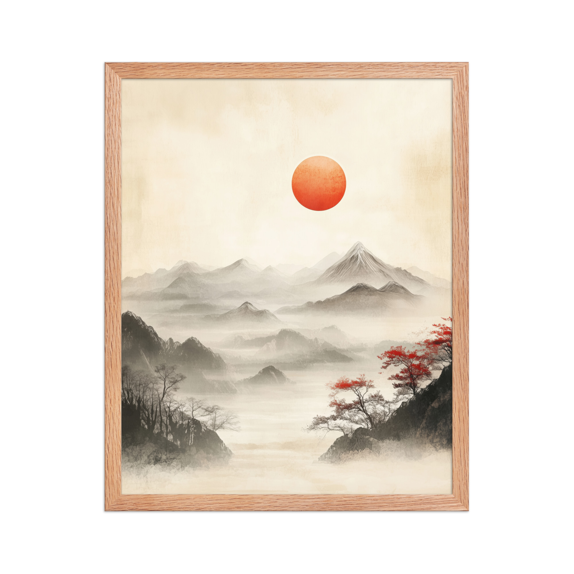 Red Sun Over Silent Peaks — Misty Ink Mountain Landscape Wall Art — Framed Poster - Image 11