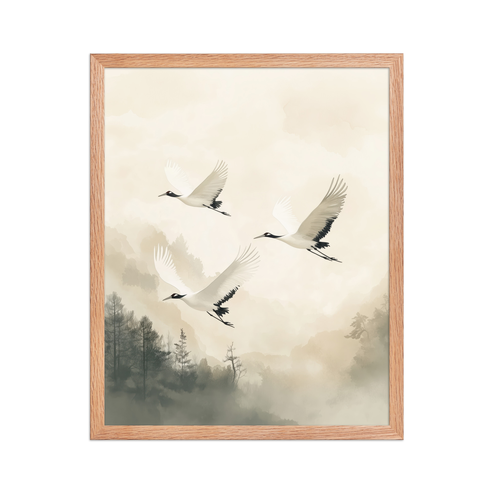 Cranes of Serenity — Misty Forest Flight Bird Wall Art — Framed Poster - Image 11