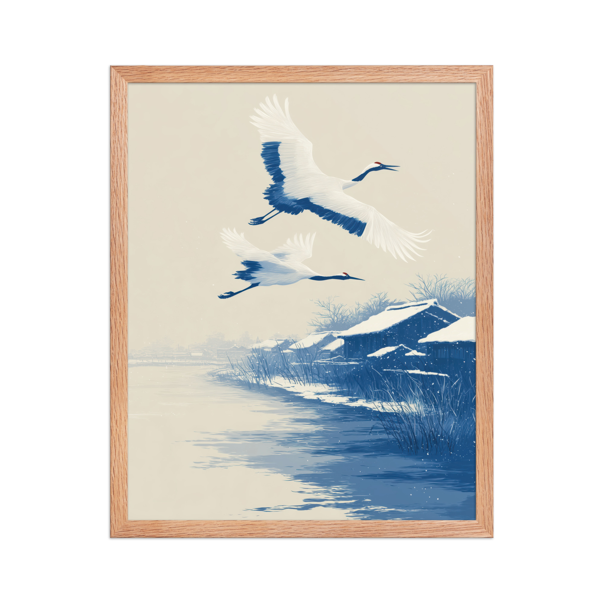 Cranes in Winter Sky — Ukiyo-e Birds over Snowy River Village Wall Art — Framed Poster - Image 9
