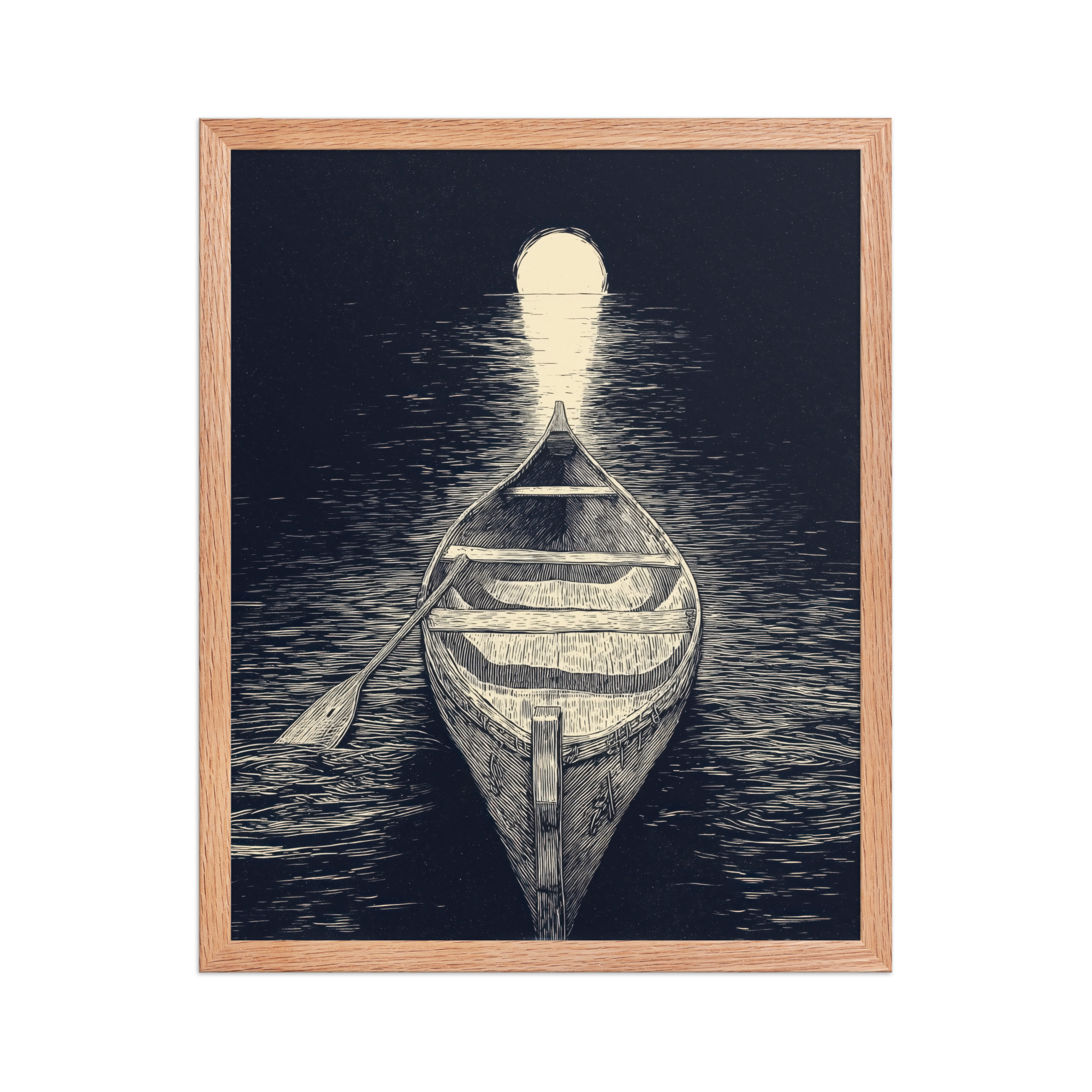 Moonlit Canoe — Woodcut Night Lake Wall Art — Framed Poster - Image 8