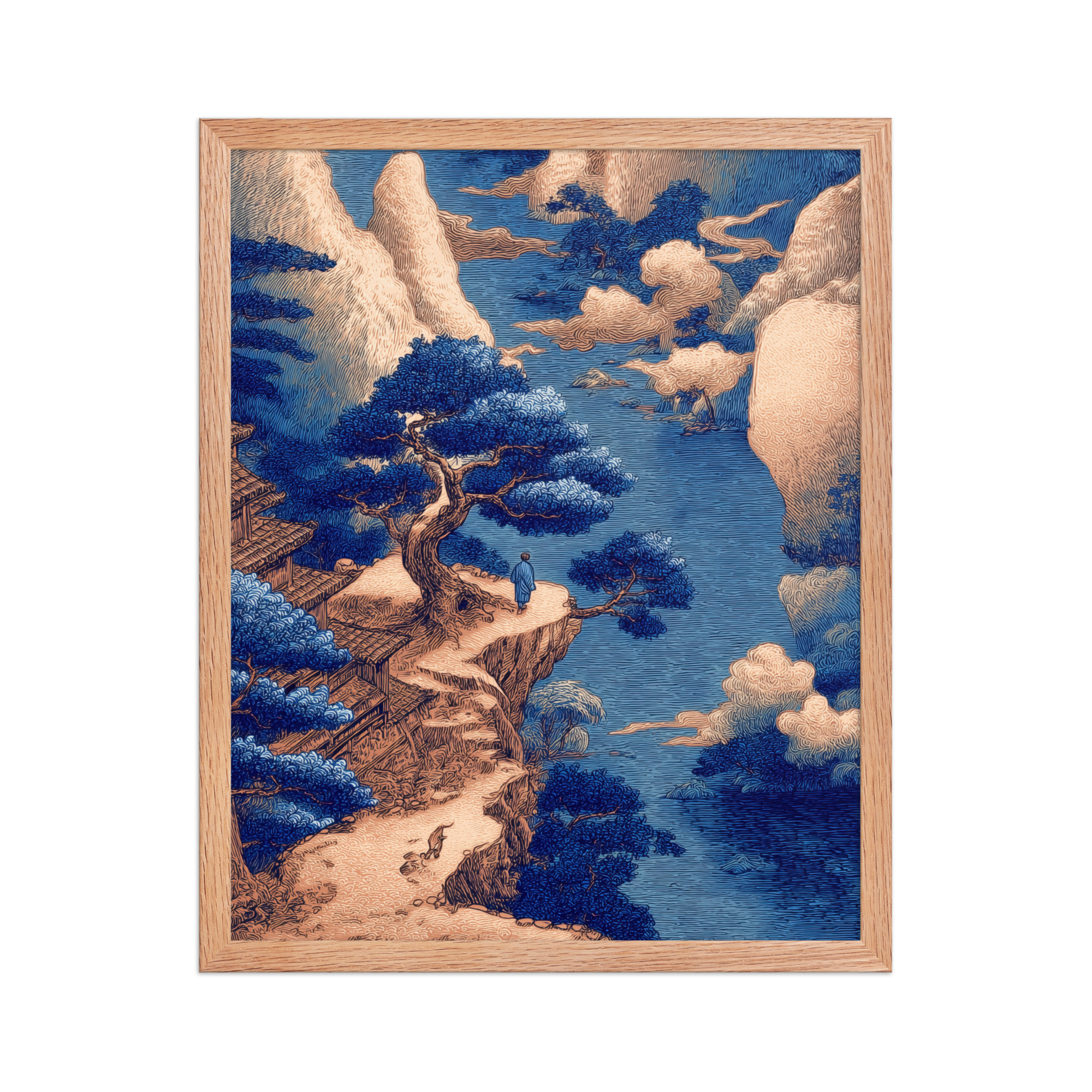 Cliffside Temple View – Blue Ukiyo-e Landscape Wall Art – Framed Poster - Image 13