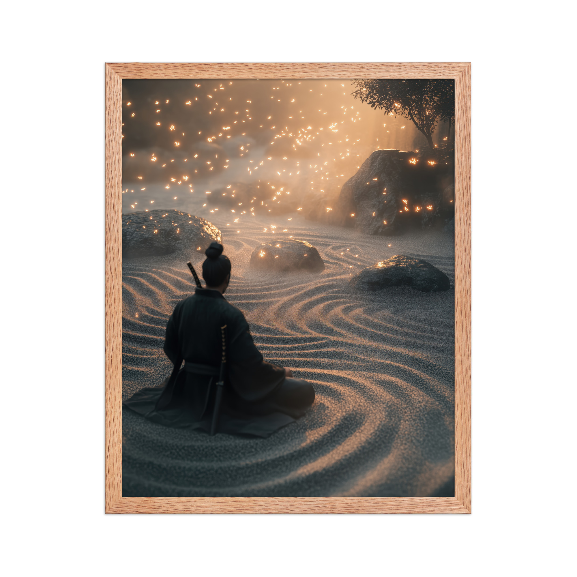 Zen Samurai – Fireflies in Zen Garden Japandi Samurai Wall Art – Framed Poster - Image 9