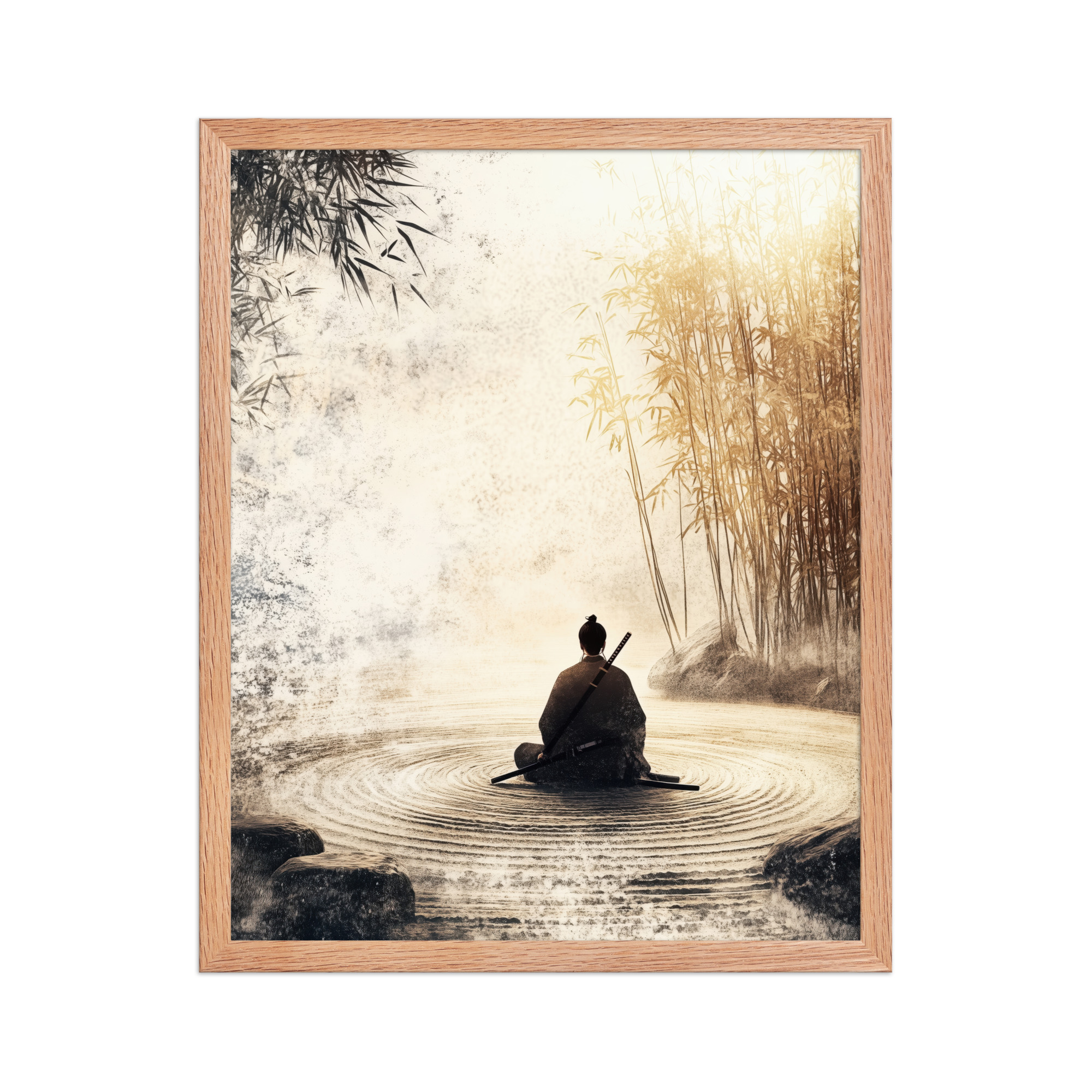 Zen Samurai in Bamboo Light – Neutral Sumi-e Ink Samurai Meditation Wall Art – Framed Poster - Image 9