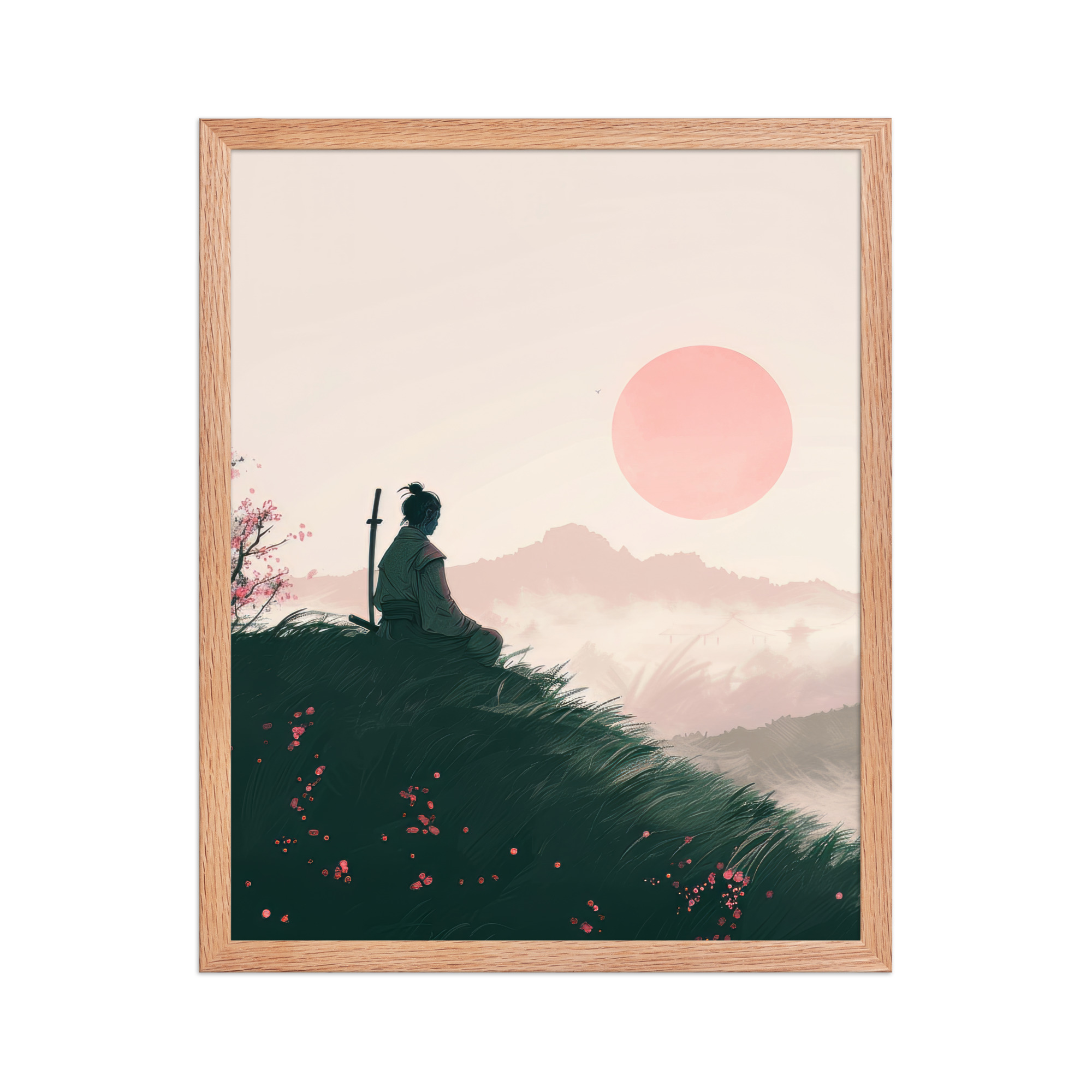 Samurai at Dawn – Pink Sun Over Hills Quiet Strength at Daybreak Wall Decor – Framed Poster - Image 11