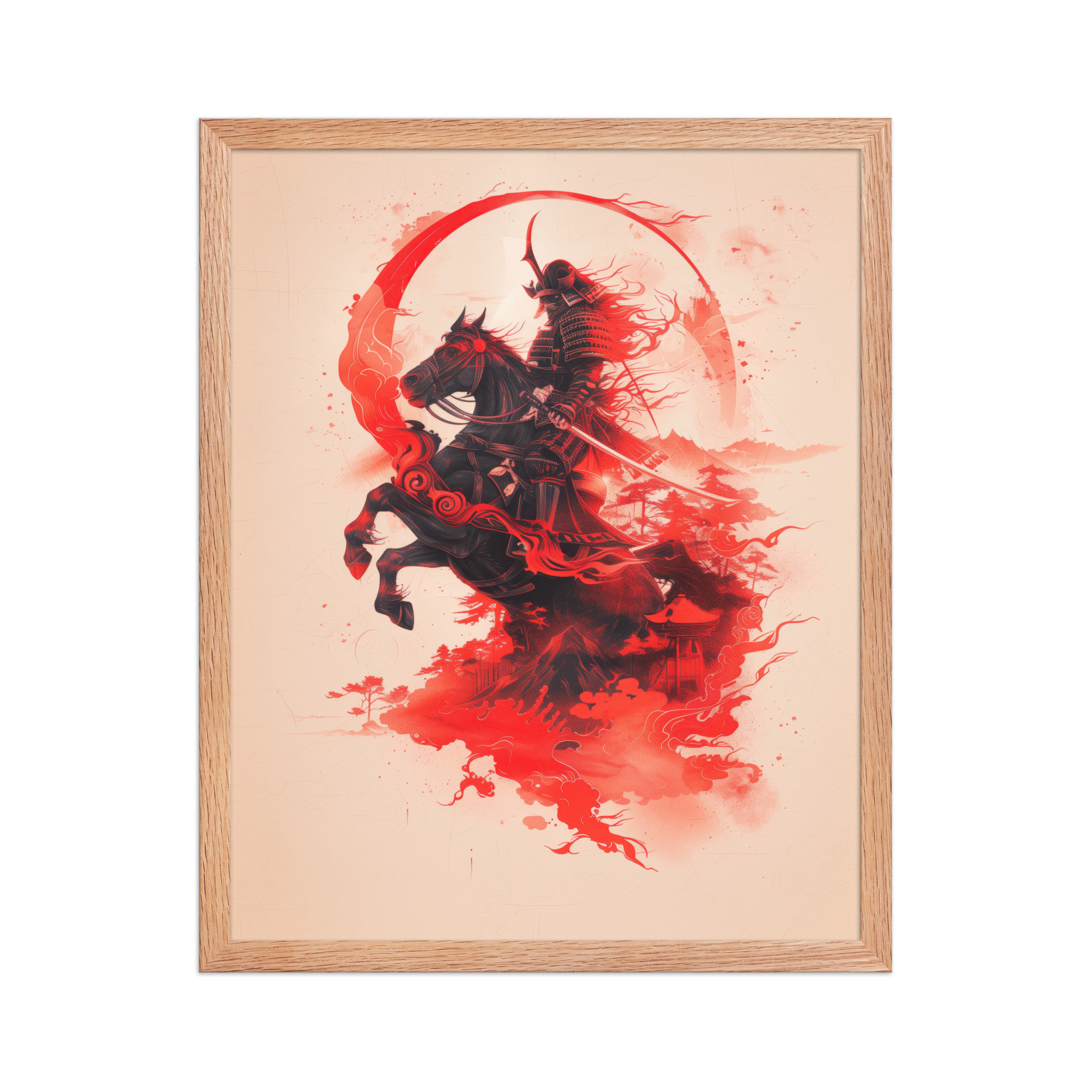 Crimson Charge – Samurai on Horseback Flaming Arc of Courage Wall Art – Framed Poster - Image 7