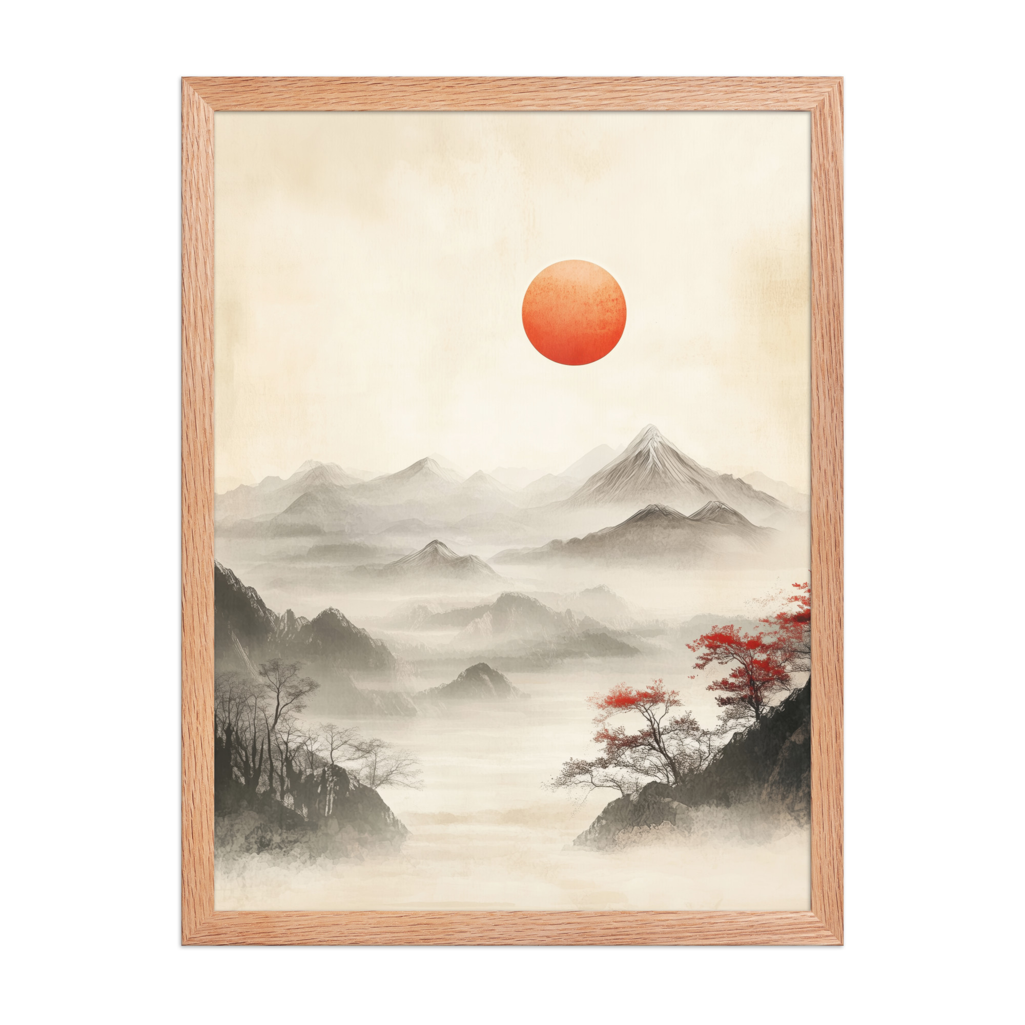Red Sun Over Silent Peaks — Misty Ink Mountain Landscape Wall Art — Framed Poster - Image 12